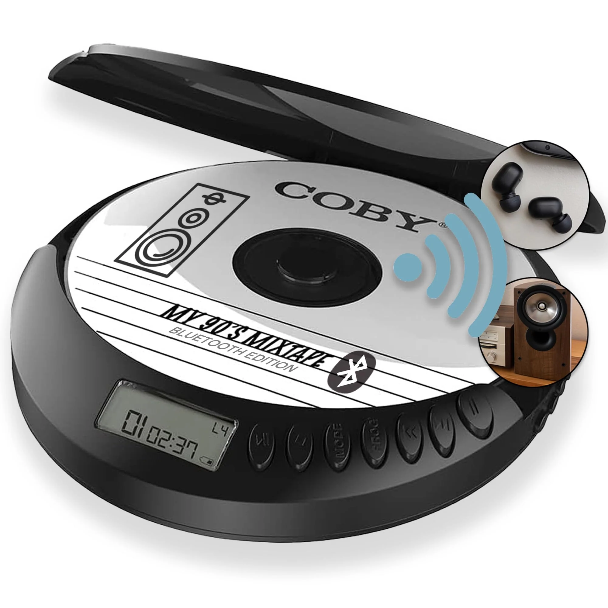 Coby CD Player Portable CD Player with Bluetooth, Earbuds, FM, AUX, MP3 Anti-Skip Compact Discman | Rechargeable, Lightweight CD Player for Car, Home