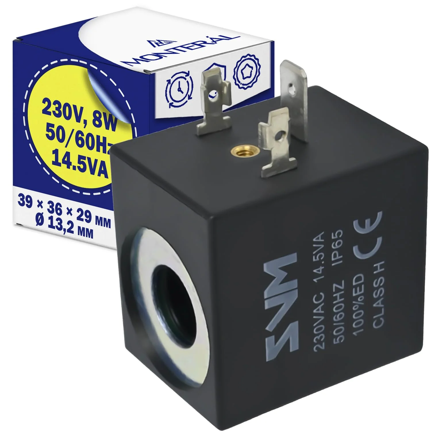 Coil for Solenoid Valve 39 x 36 x 29 mm Diameter 13.2 mm Class H IP65-230V 8W 50/60Hz 14.5VA MONTERAL