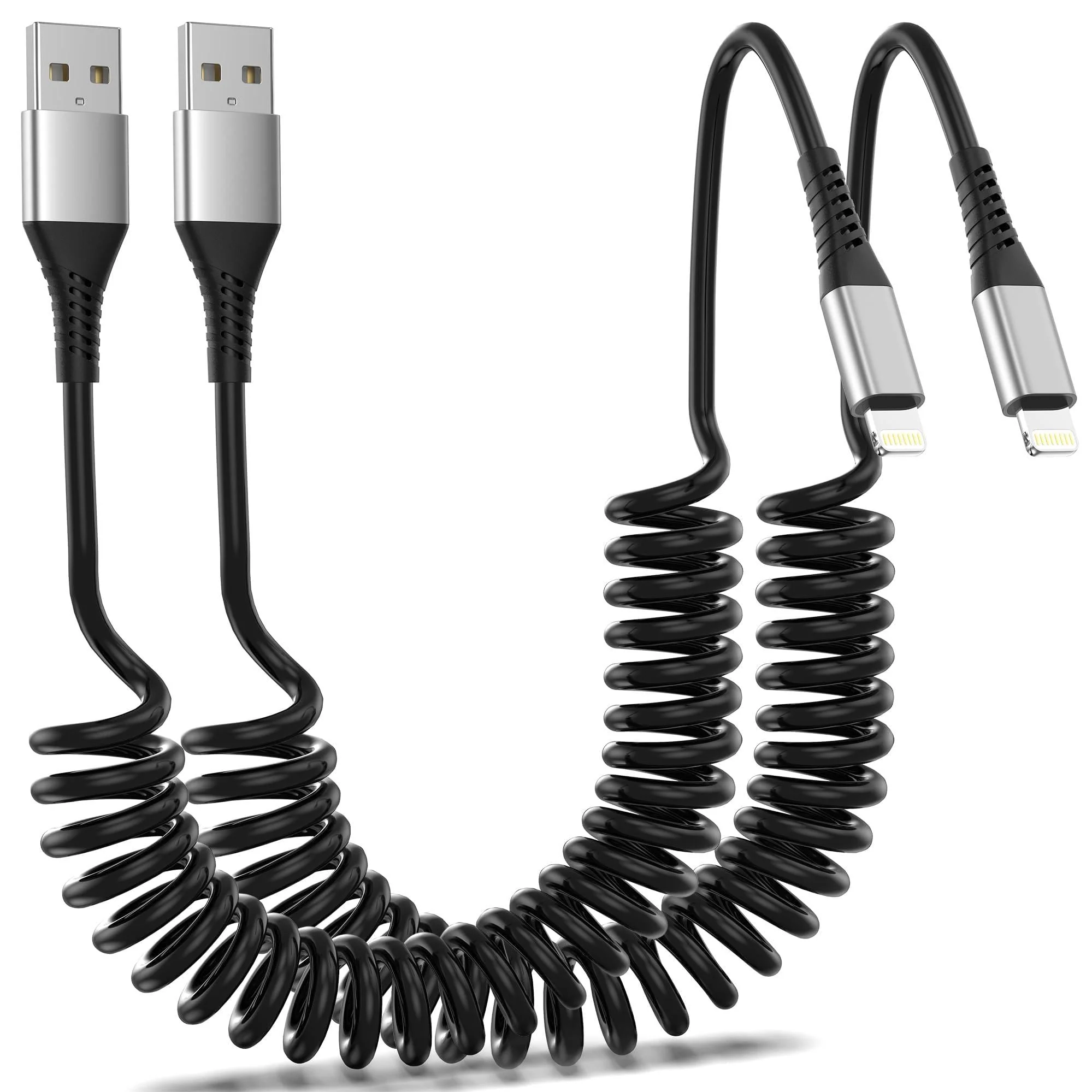 Coiled Lightning Cable for Car, 2Pack Retractable iPhone Charger Cable Fast Charging, [MFi Certified] Short Apple CarPlay USB to Lightning Cord for iPhone 14 13 12 11 Pro Max Mini XR XS 8 SE iPad 3FT Coiled