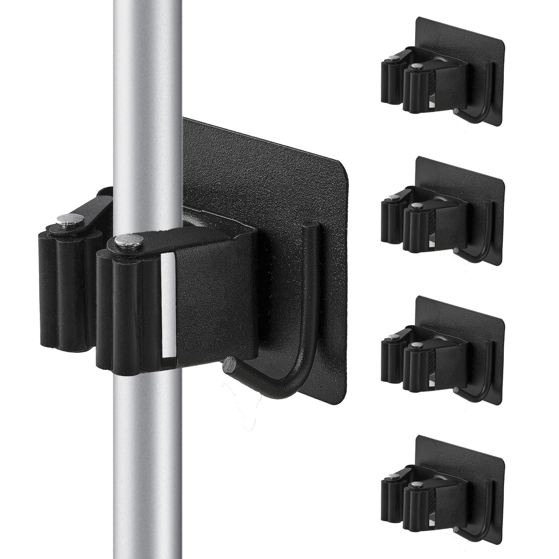 Cokshy Broom Holder Wall, Pack of 4 Stainless Steel Broom Holders with Hooks, Self-Adhesive, Mop Holder, No Drilling, Device Holder for Kitchen, Mop, Bathroom, Garden, Shovel, Tools (Black) Black
