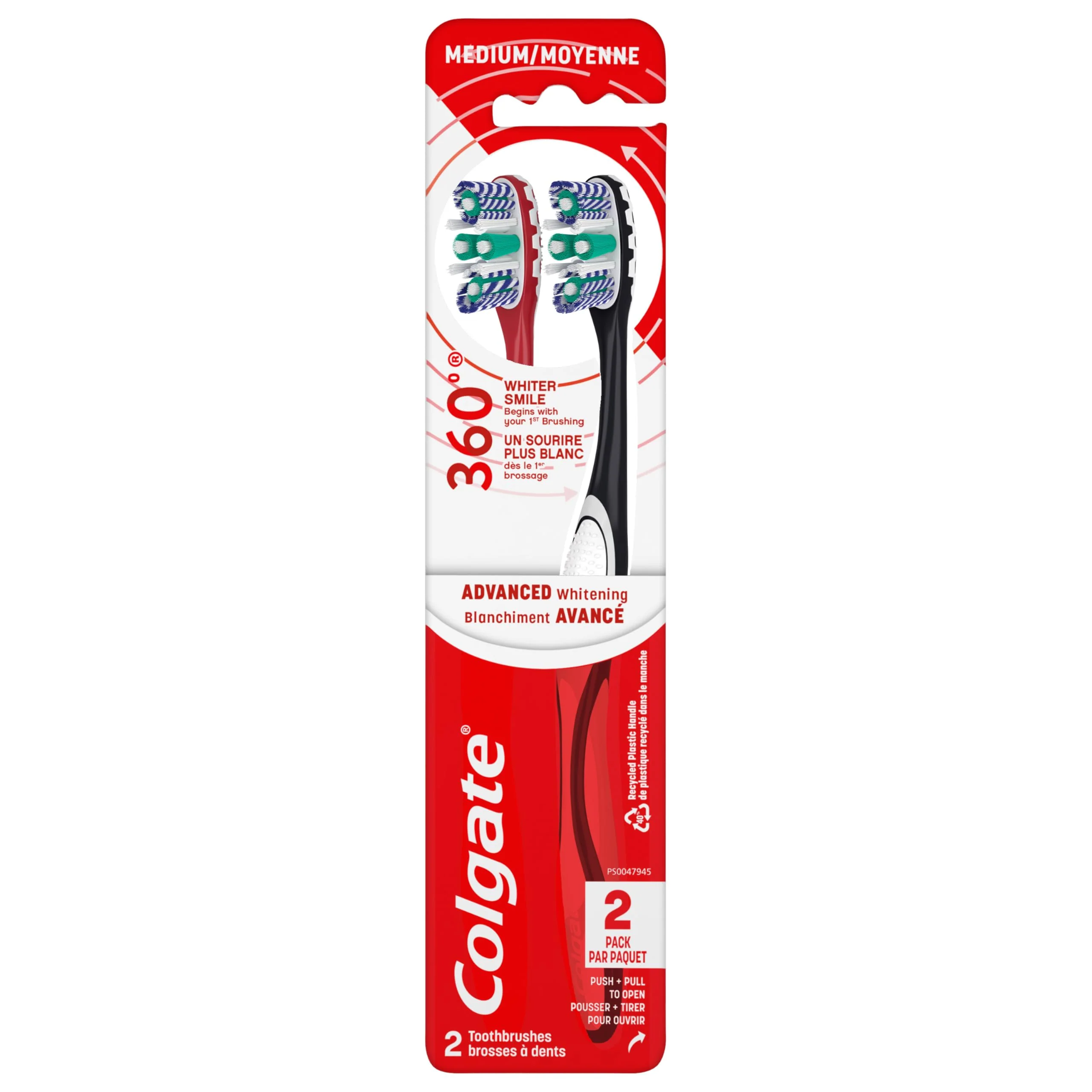 Colgate 360 Optic White Advanced Whitening Toothbrush, Adult Medium Toothbrush with Whitening Cups, Helps Whiten Teeth and Removes Odor Causing Bacteria, 2 Pack 2 Count (Pack of 1)
