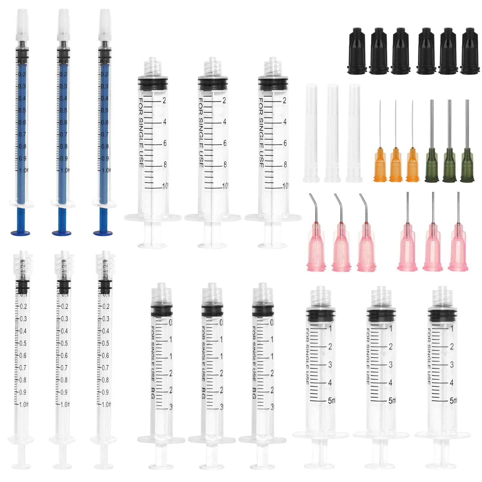Colostrum Syringe Set, 1 ml, 3 ml, 5 ml, 10 ml, Dosing Syringe with Blunt Needle and Cap, Reusable Syringe, Plastic Syringe for Animal Feeding, Industry, Laboratory, Pack of 15