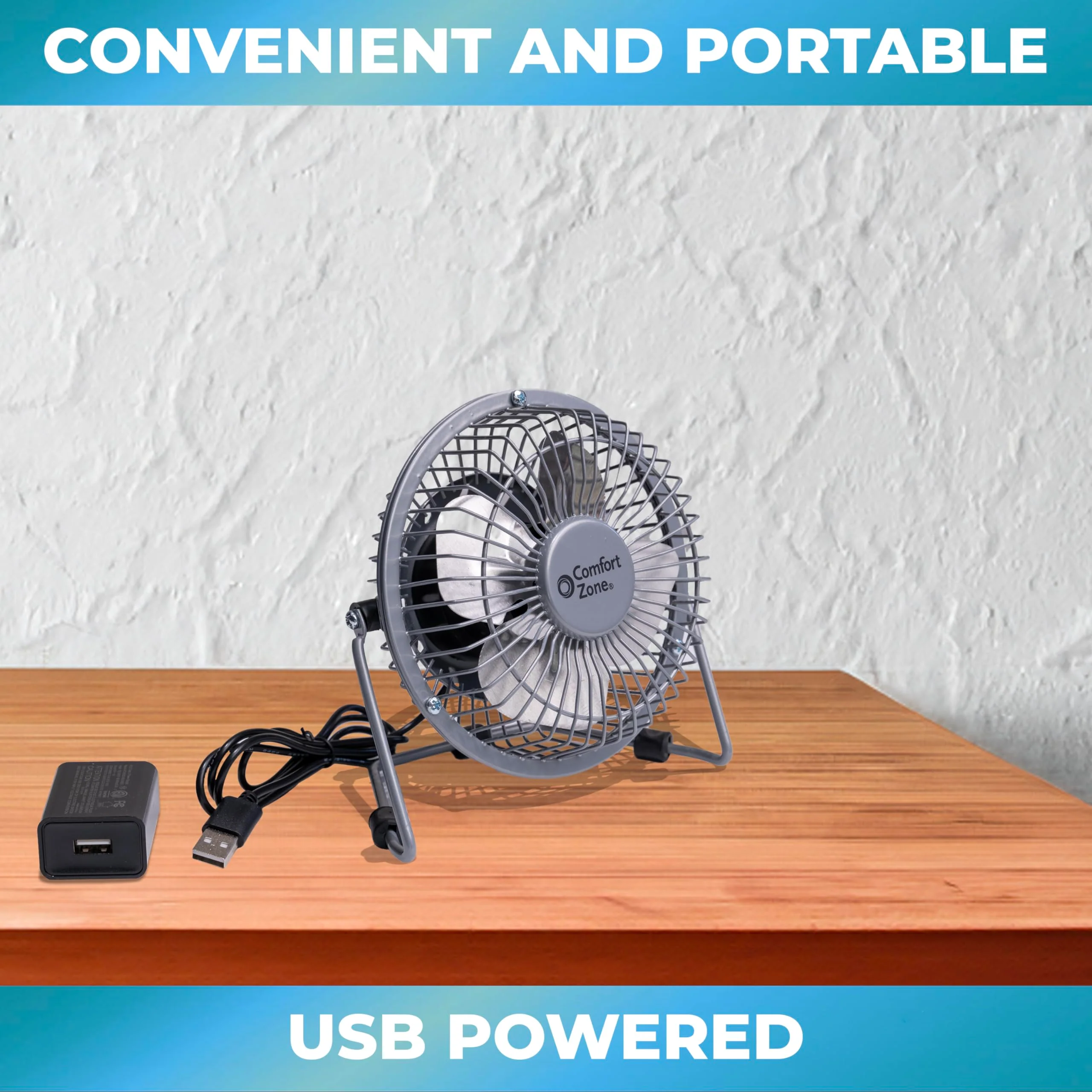 Comfort Zone Mini Portable Desk Fan with 360-Degree Adjustable Tilt, Dual Powered (USB or Power Cord), 4 inch, All-Metal Construction, Airflow 3.31 ft/sec, Ideal for Home, Bedroom & Office, CZHV4BK Black - Image 6