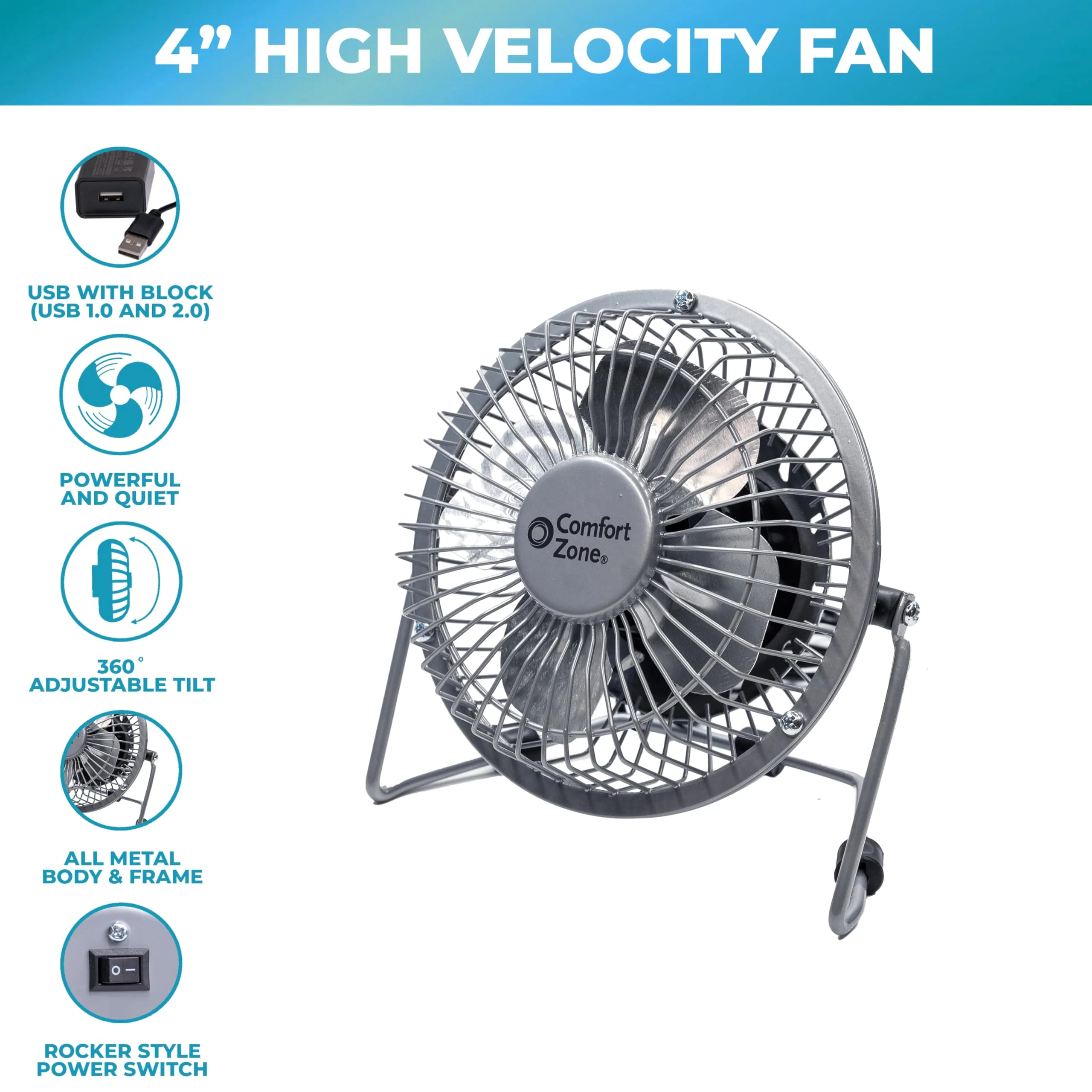 Comfort Zone Mini Portable Desk Fan with 360-Degree Adjustable Tilt, Dual Powered (USB or Power Cord), 4 inch, All-Metal Construction, Airflow 3.31 ft/sec, Ideal for Home, Bedroom & Office, CZHV4S Silver - Image 3