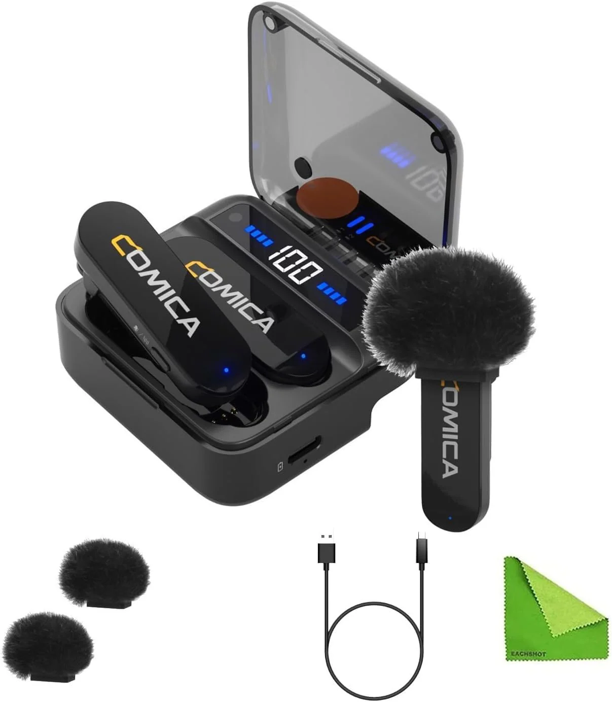 comica Vimo S-UC Black Wireless Lavalier Microphone System 2.4G Dual-Channel Recording Mic with Charging Case for Android & Video Recording,Interview and Vlogging,