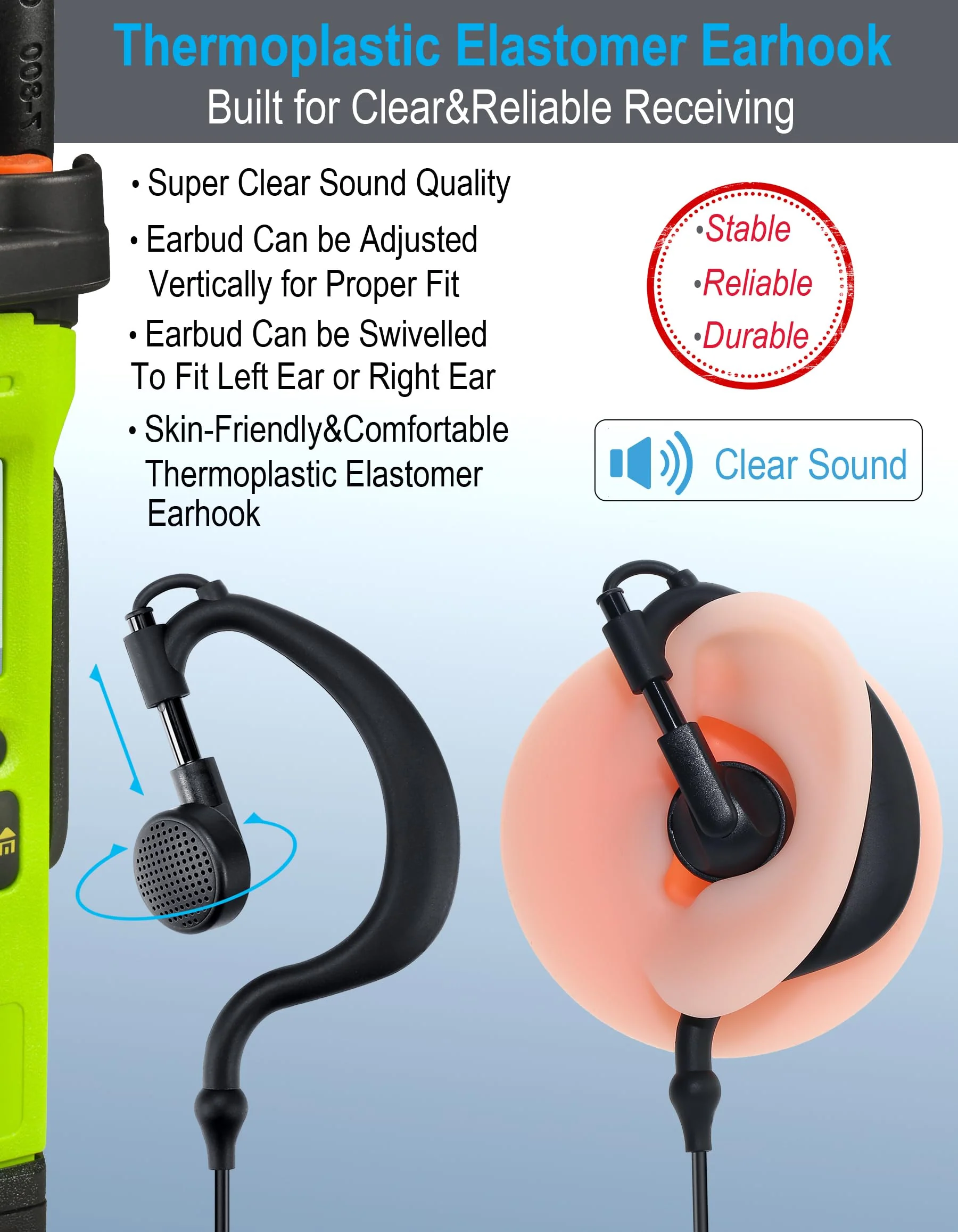 commountain CLS1410 CLS1110 Earpiece with PTT/Mic for Motorola Walkie Talkies Radios DTR550 DTR700 RDU4100 RDU4160D RMU2040 RMU2080D RMU2080 DLR1020, CLS 1410 CLS 1110, G Shape Headset, 2 Pin - Image 3