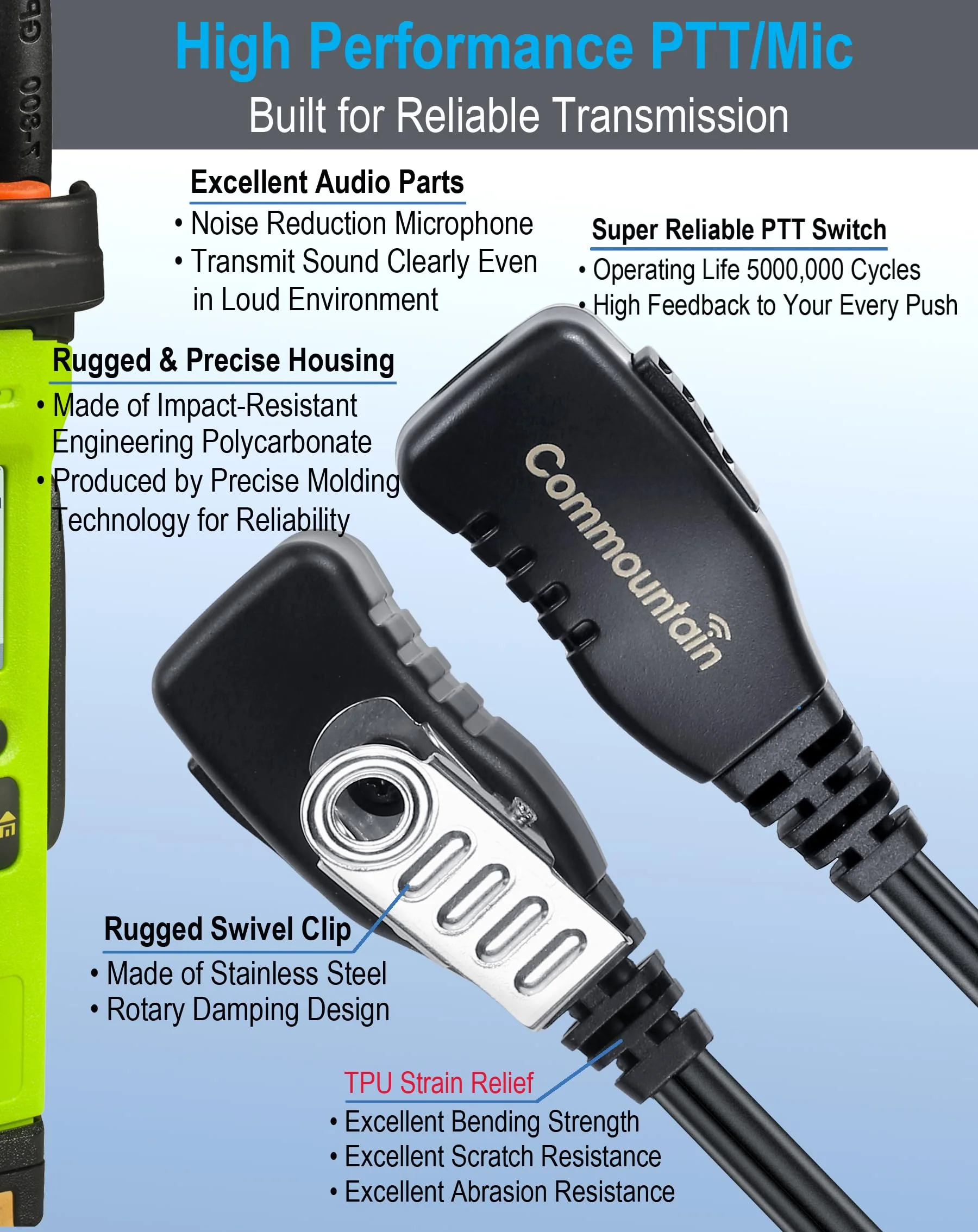 commountain CLS1410 CLS1110 Earpiece with PTT/Mic for Motorola Walkie Talkies Radios DTR550 DTR700 RDU4100 RDU4160D RMU2040 RMU2080D RMU2080 DLR1020, CLS 1410 CLS 1110, G Shape Headset, 2 Pin - Image 4