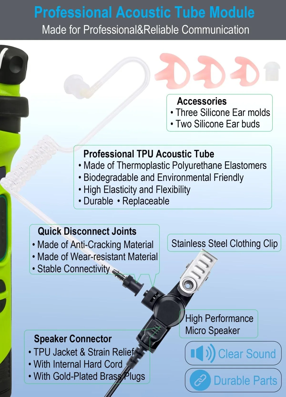 commountain earpiece for Motorola Walkie Talkie and Radio with PTT/Mic, Compatible for CP200D CP100D R2 CP200 CP185 BPR40 CLS1410 CLS1110 RMU2040 RMU2080D, Acoustic Tube Surveillance Headset, 2 Pin For users less than 6 feet tall - Image 2