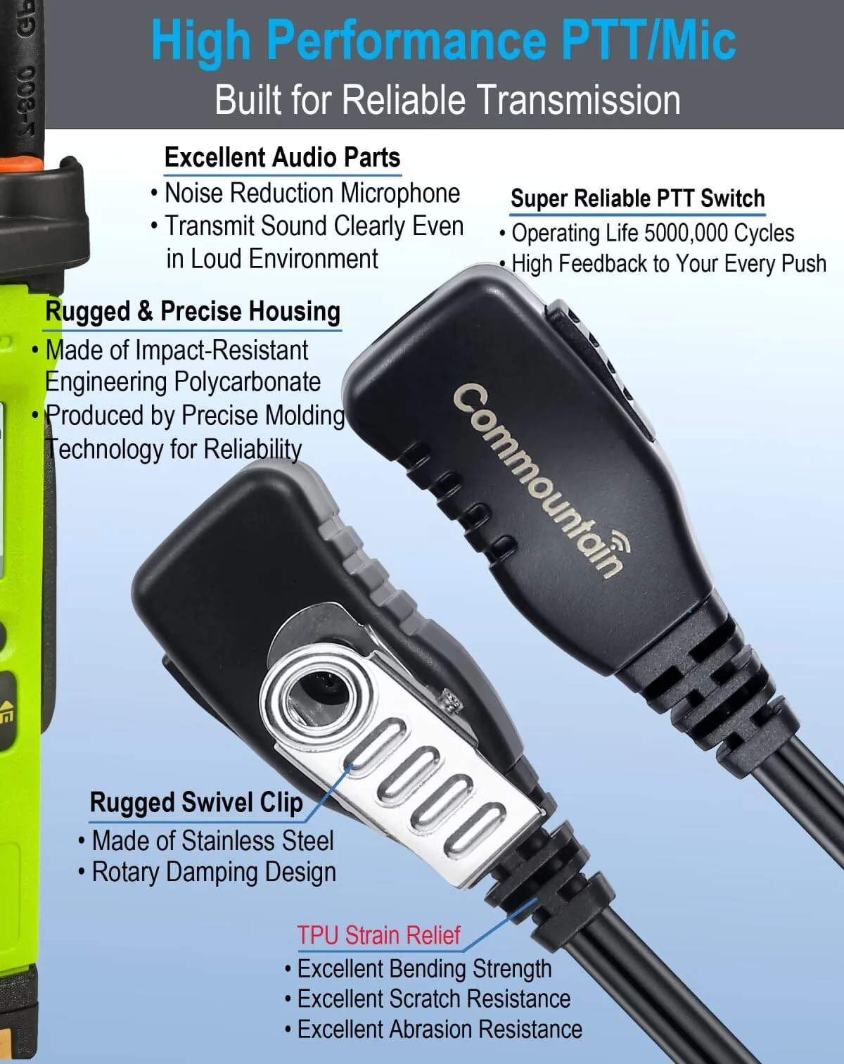 commountain earpiece for Motorola Walkie Talkie and Radio with PTT/Mic, Compatible for CP200D CP100D R2 CP200 CP185 BPR40 CLS1410 CLS1110 RMU2040 RMU2080D, Acoustic Tube Surveillance Headset, 2 Pin For users less than 6 feet tall - Image 4
