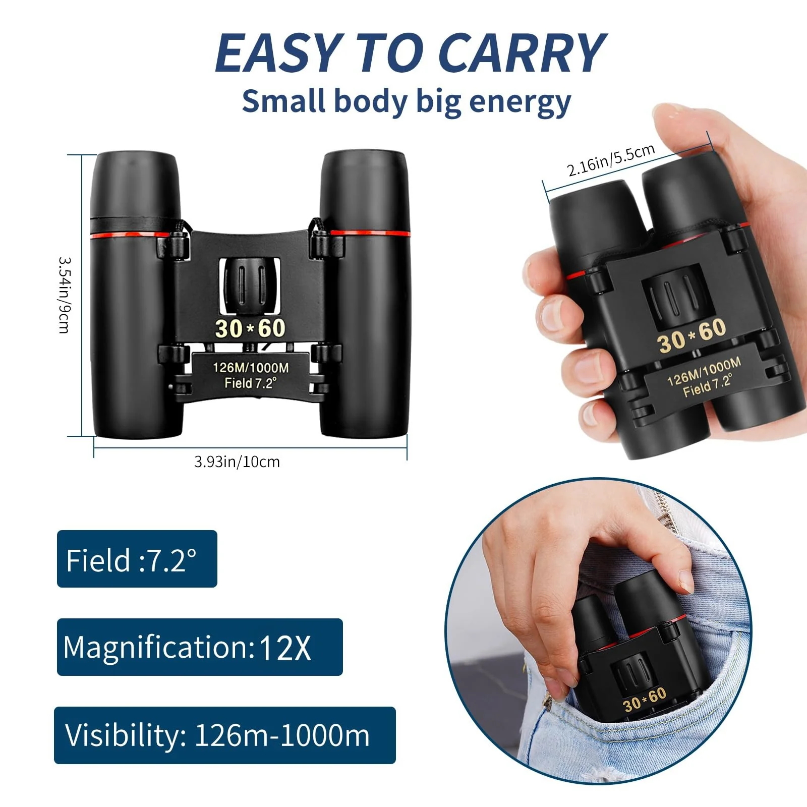 Compact Binoculars, HD Mini Portable Outdoor Binoculars, Pocket Lightweight Folding Binoculars for Adults and Children Bird Watching Hunting, Watching Shows, Traveling and Tourism,... Black - Image 3