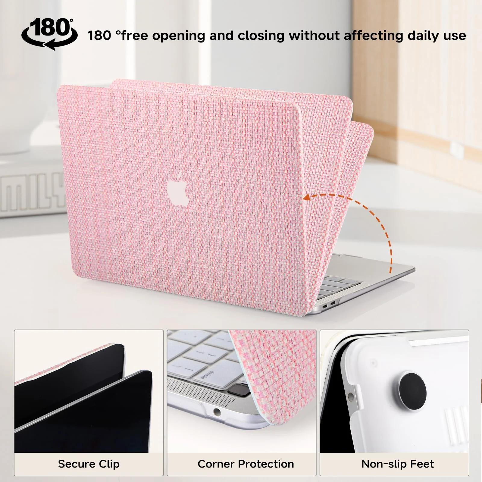 Compatible with MacBook Air 13 inch Case 2022-2018 M1 A2337 A2179 A1932, Case for MacBook Air M1, Woven Fabric Textured Leather Hard Shell Case & Keyboard Cover for Mac Air 13 Touch ID, Pink 2018-2022 Macbook Air 13 inch M1 A2337 Woven Pink - Image 6