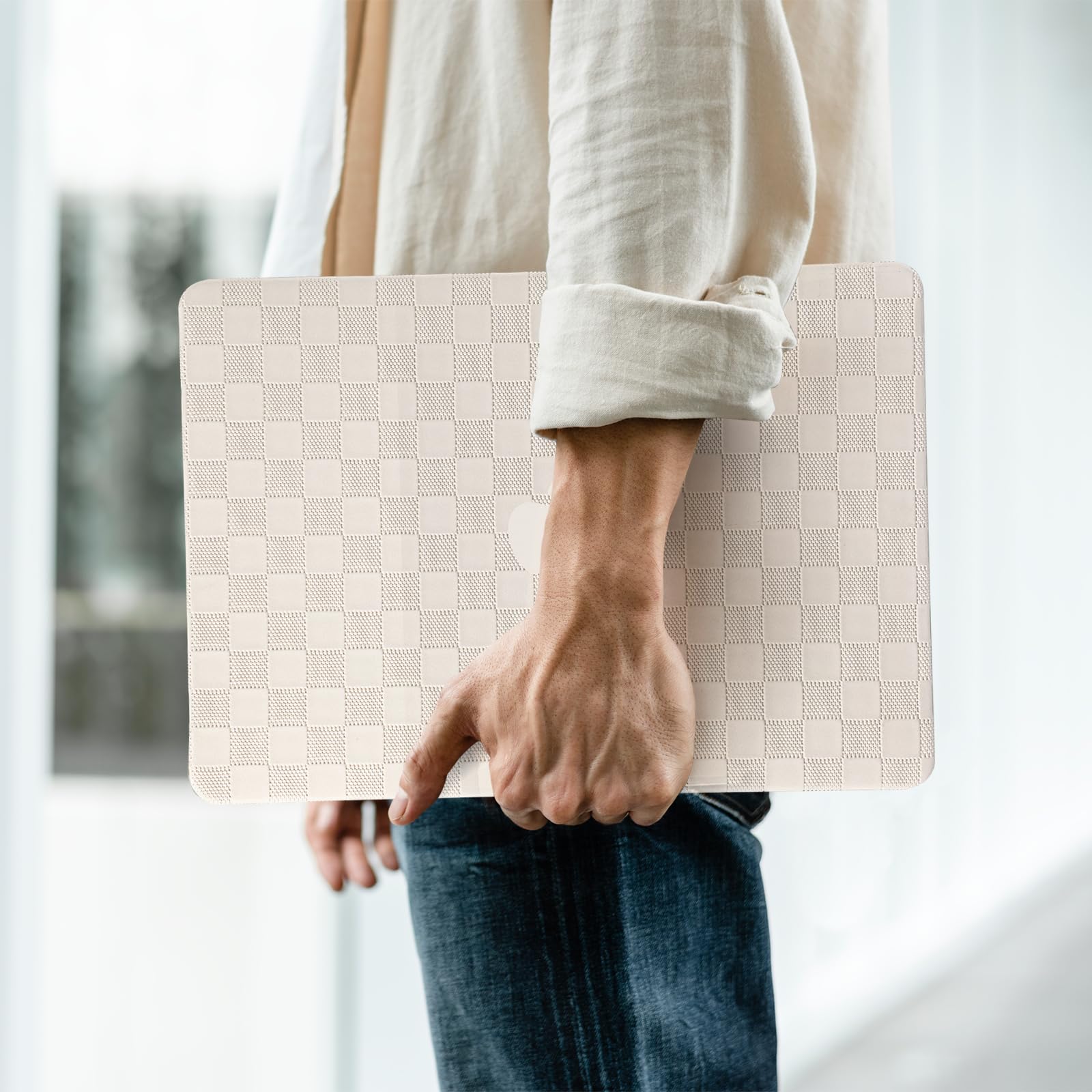 Compatible with MacBook Air 13 inch Case 2022 2021-2018 M1 A2337 A2179 A1932, Case for MacBook Air M1, Checkered Textured Leather Hard Shell Case & Keyboard Cover for Mac Air 13, Beige 2018-2022 Macbook Air 13 inch M1 A2337 Checkerboard Beige - Image 3