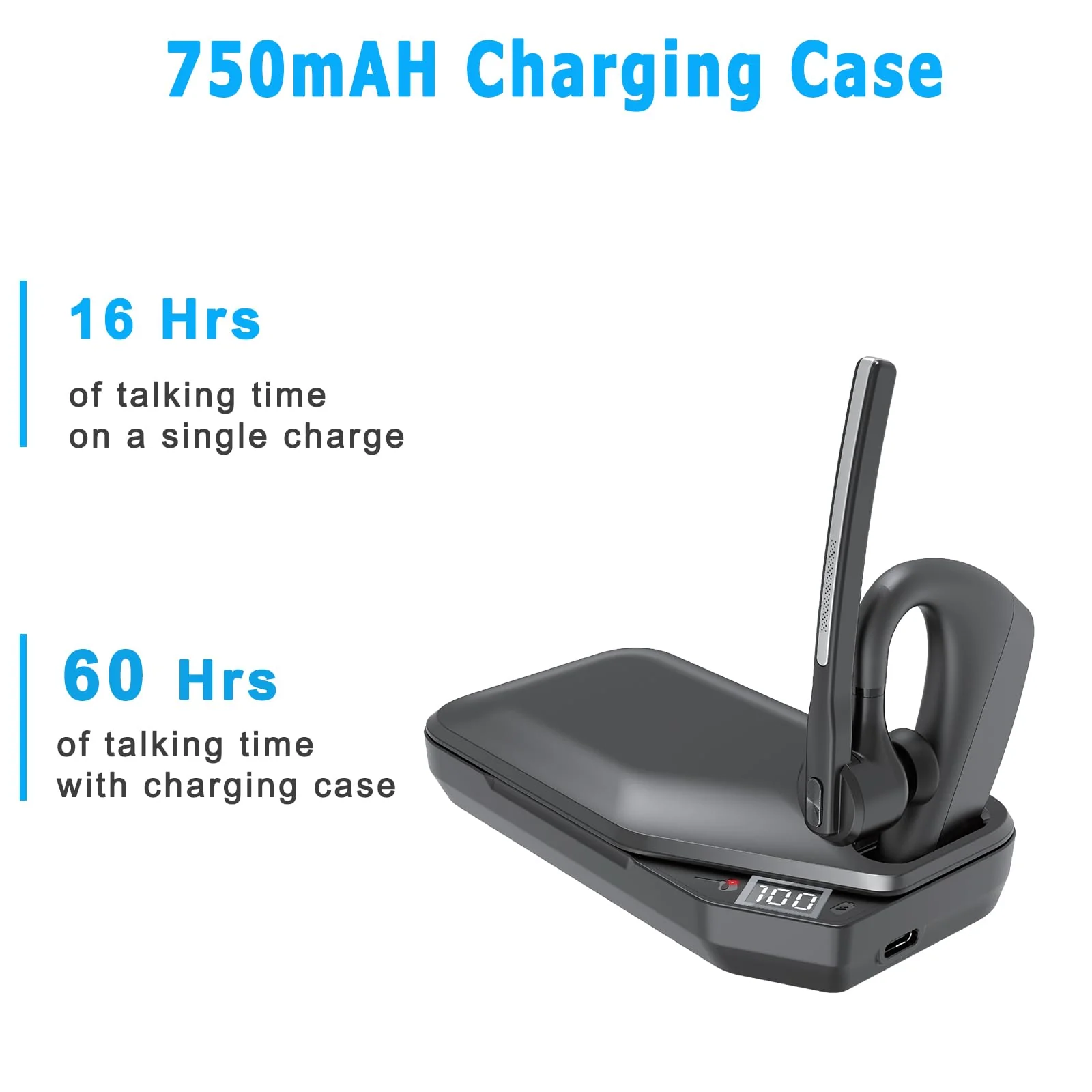 Conambo Bluetooth Headset V5.2 Wireless Bluetooth Earpiece with 750mAH Charging Case 60H Talktime Wireless Headset with CVC8.0 Dual Mic Noise Canceling for iPhone Cellphone Trucker Work - Image 4