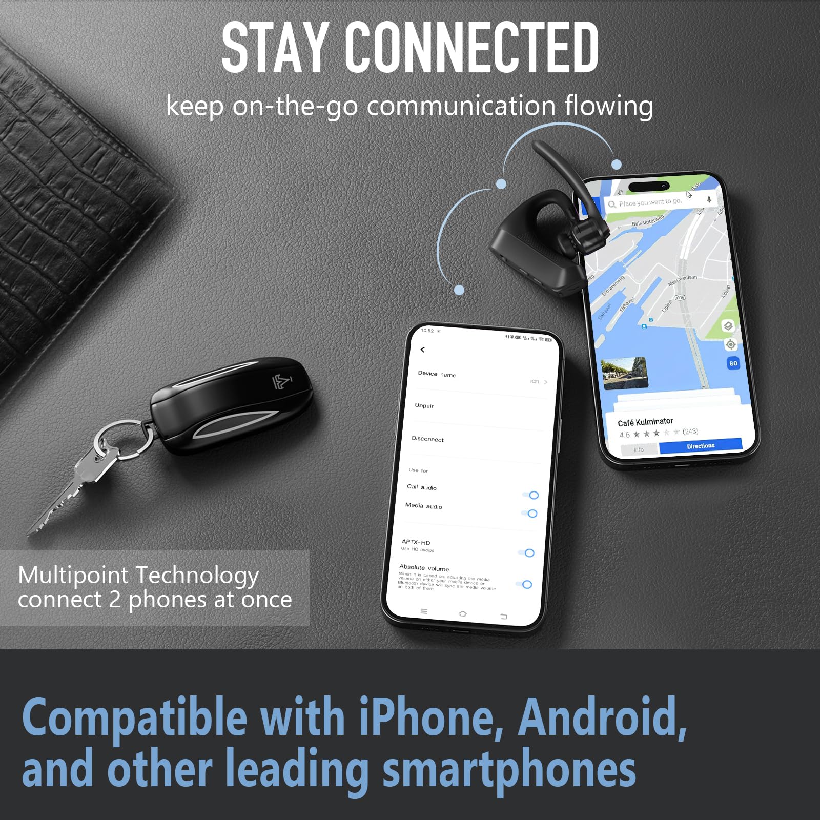 Conambo Bluetooth Headset V5.2 Wireless Bluetooth Earpiece with 750mAH Charging Case 60H Talktime Wireless Headset with CVC8.0 Dual Mic Noise Canceling for iPhone Cellphone Trucker Work - Image 5