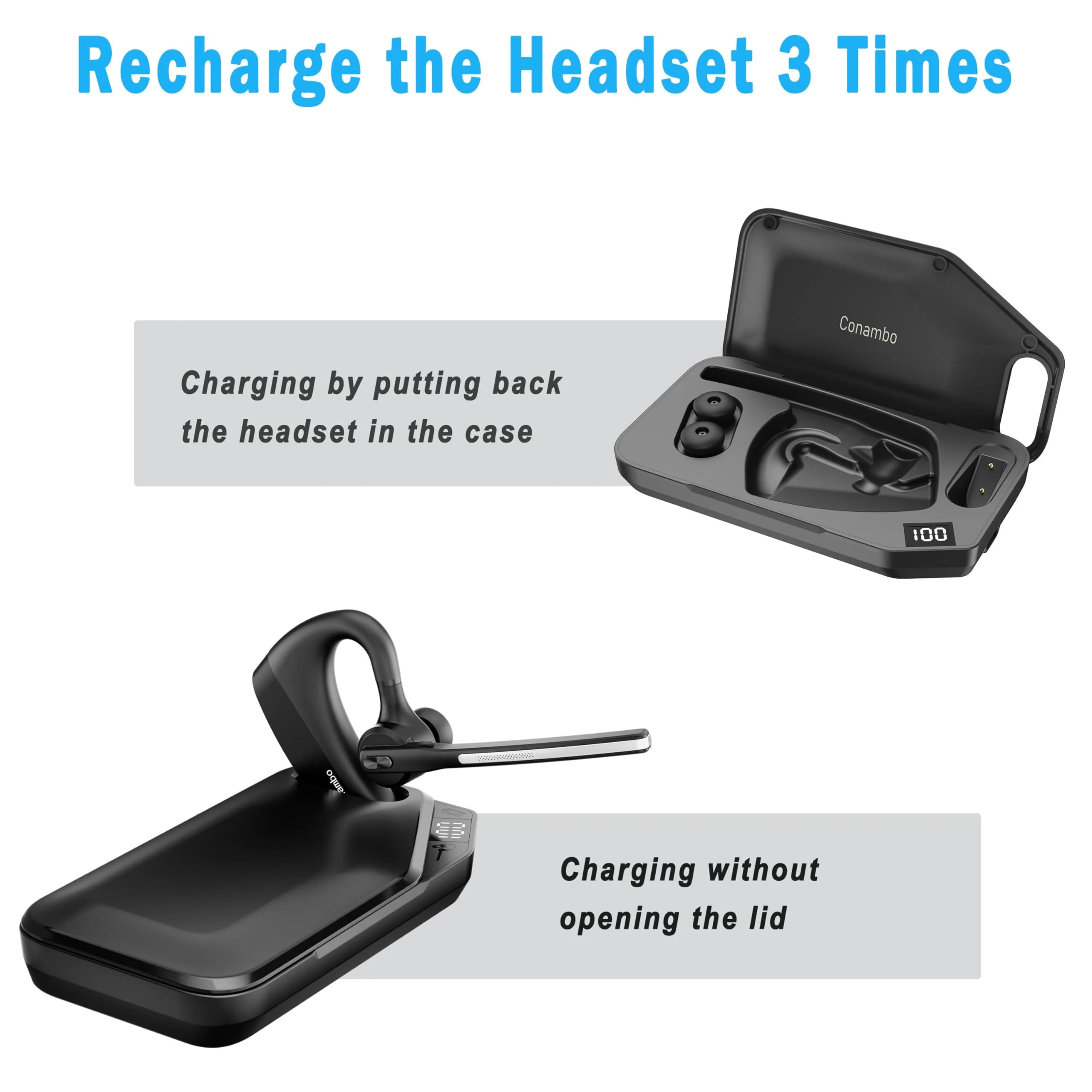 Conambo Bluetooth Headset V5.2 Wireless Bluetooth Earpiece with 750mAH Charging Case 60H Talktime Wireless Headset with CVC8.0 Dual Mic Noise Canceling for iPhone Cellphone Trucker Work - Image 7