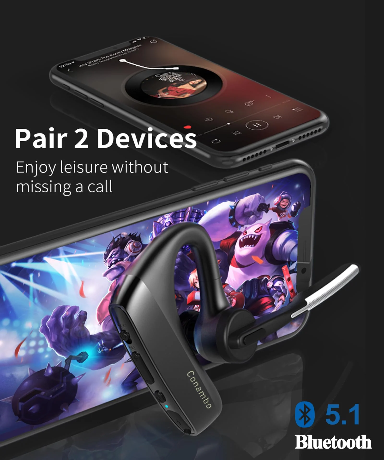 Conambo K18 Wireless Headset Bluetooth V5.1, Bluetooth Earpiece 16 Hrs Talking Time Hands-Free Single Ear Bluetooth Headset with Dual Mic Noise Canceling for Work Trucker iPhone Android Cell Phone - Image 4