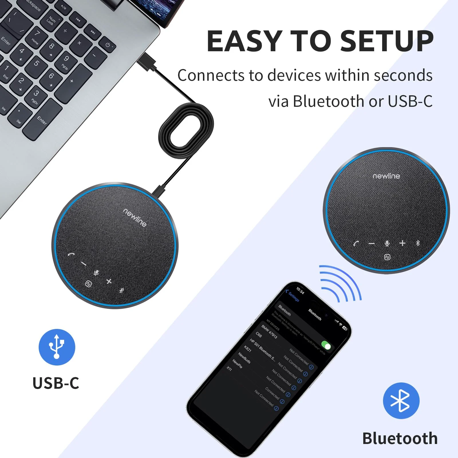 Conference Speaker and Microphone, Bluetooth Speakerphone, Noise Reduction, 360°Voice Pickup 43H Standby time, USB C Bluetooth Microphone Compatible with Zoom, Teams, Skype, Home Office - Image 4