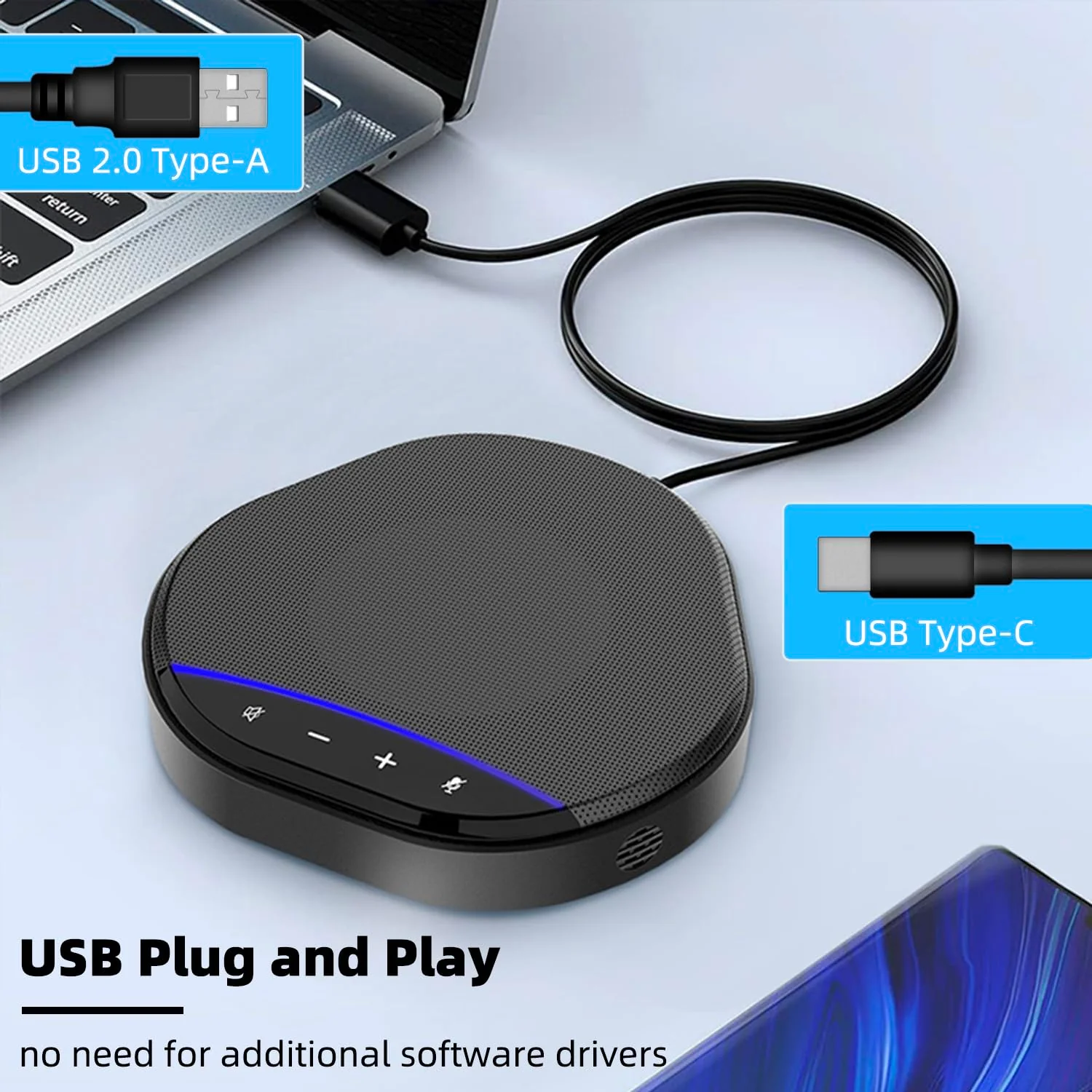 Conference Speaker and Microphone, USB Speakerphone Built-in AI Noise Reduction Mic, 360° Voice Pickup Echo Cancellation Conference Microphone with 5W Speaker and Touch Control Mute - Image 5