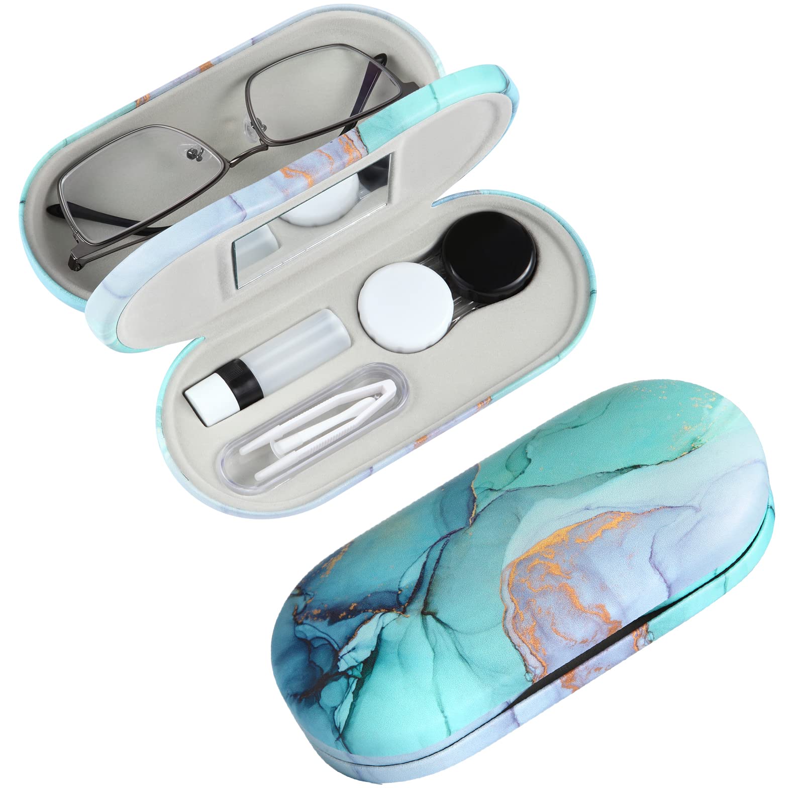 Contact Lens Case, Contact Case Kit, 2 in 1 Double Sided Portable Contact Lense Case and Eyeglasses Case, with Marbling, Multifunction, Durable, Compact, Portable Storage Kit Marble-Green