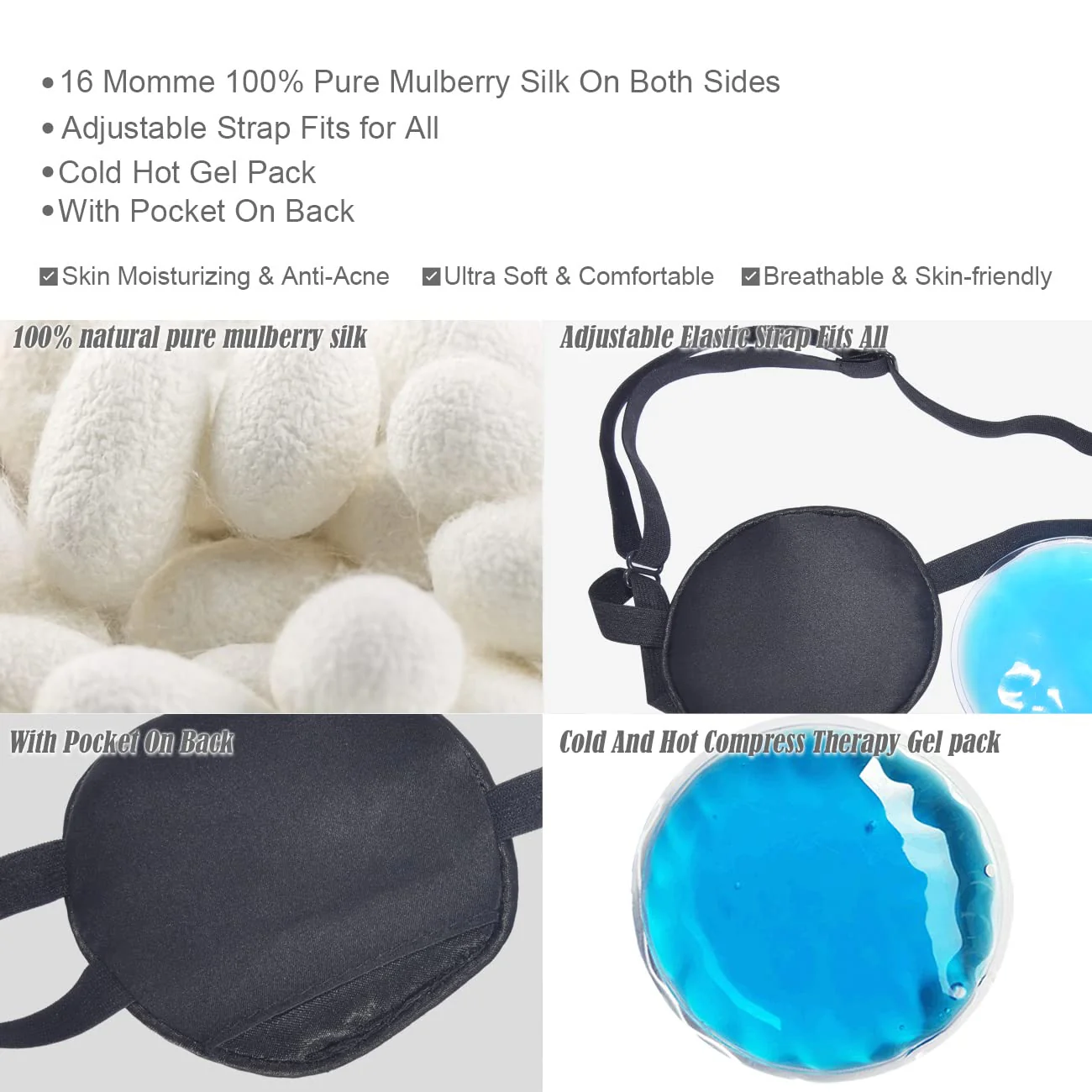 Cooling Eye Patches for Puffy Eyes, Pure Silk Ice Eye Patch, Single Eye Mask, Medical One Eye Cover Cold Hot Therapy Strabismus Lazy Eyes After Surgery Adult Kid Pirate Eyepatch (Black) Black - Image 3