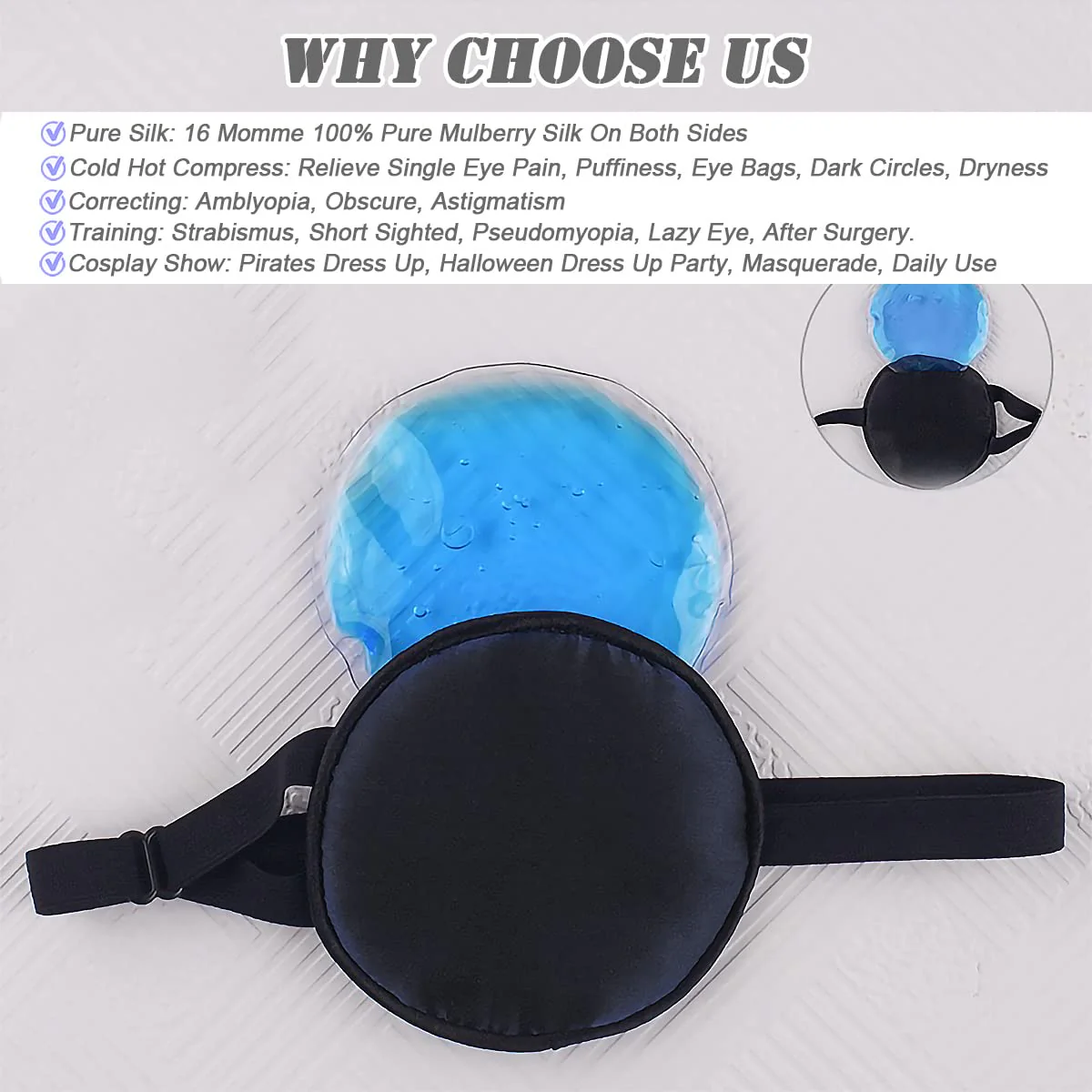 Cooling Eye Patches for Puffy Eyes, Pure Silk Ice Eye Patch, Single Eye Mask, Medical One Eye Cover Cold Hot Therapy Strabismus Lazy Eyes After Surgery Adult Kid Pirate Eyepatch (Black) Black - Image 6