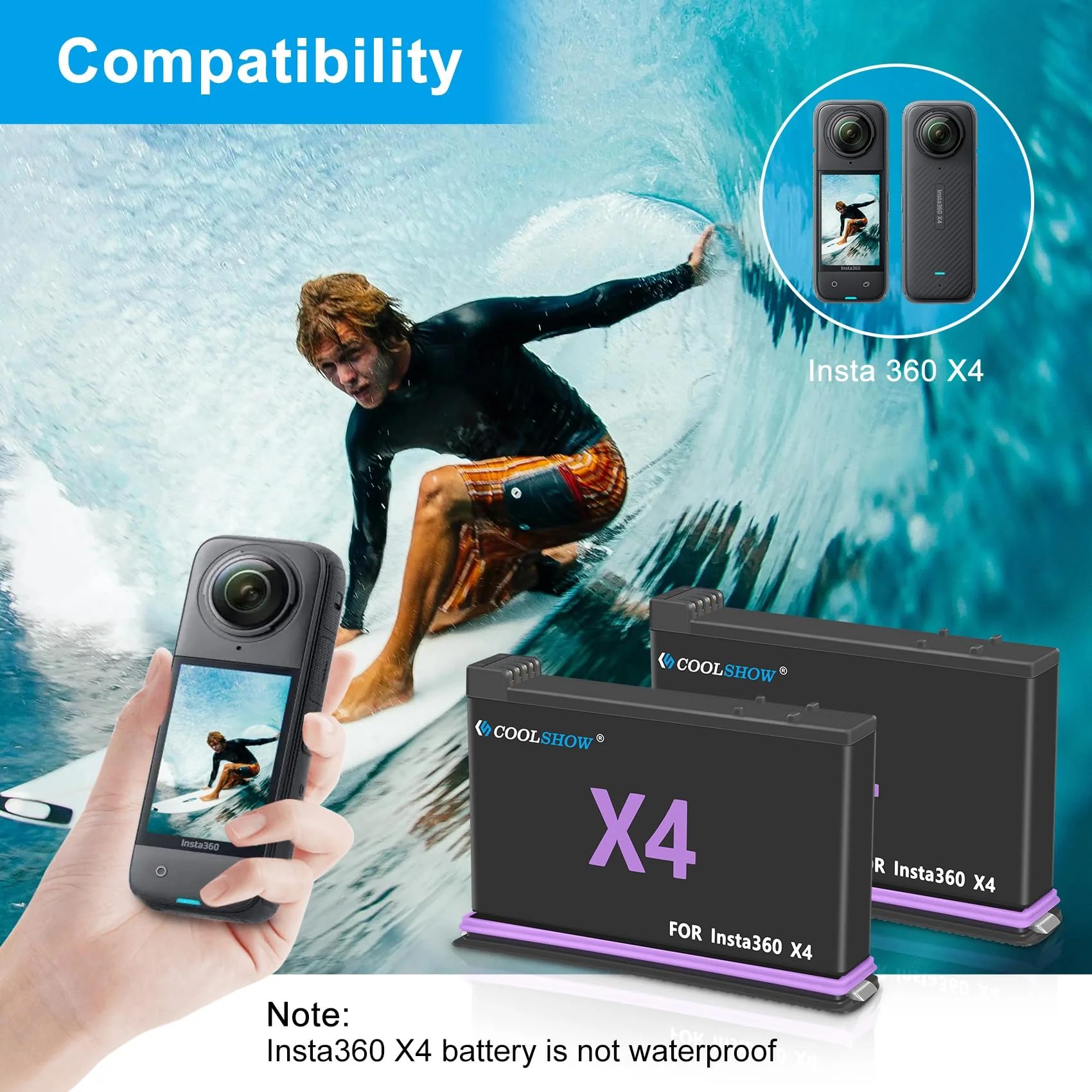 COOLSHOW Action Camera X4 Battery Replacement 2500mAh 2 Packs Only Compatible with Insta360 X4 Camera - Image 2