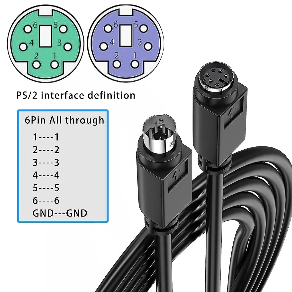 Copper Wires PS/2 Extension Cable, Mini Din 6pin Male to Female Cable for Computer PC Keyboard/Mouse/KVM & More 6ft( M/F 2M) - Image 3
