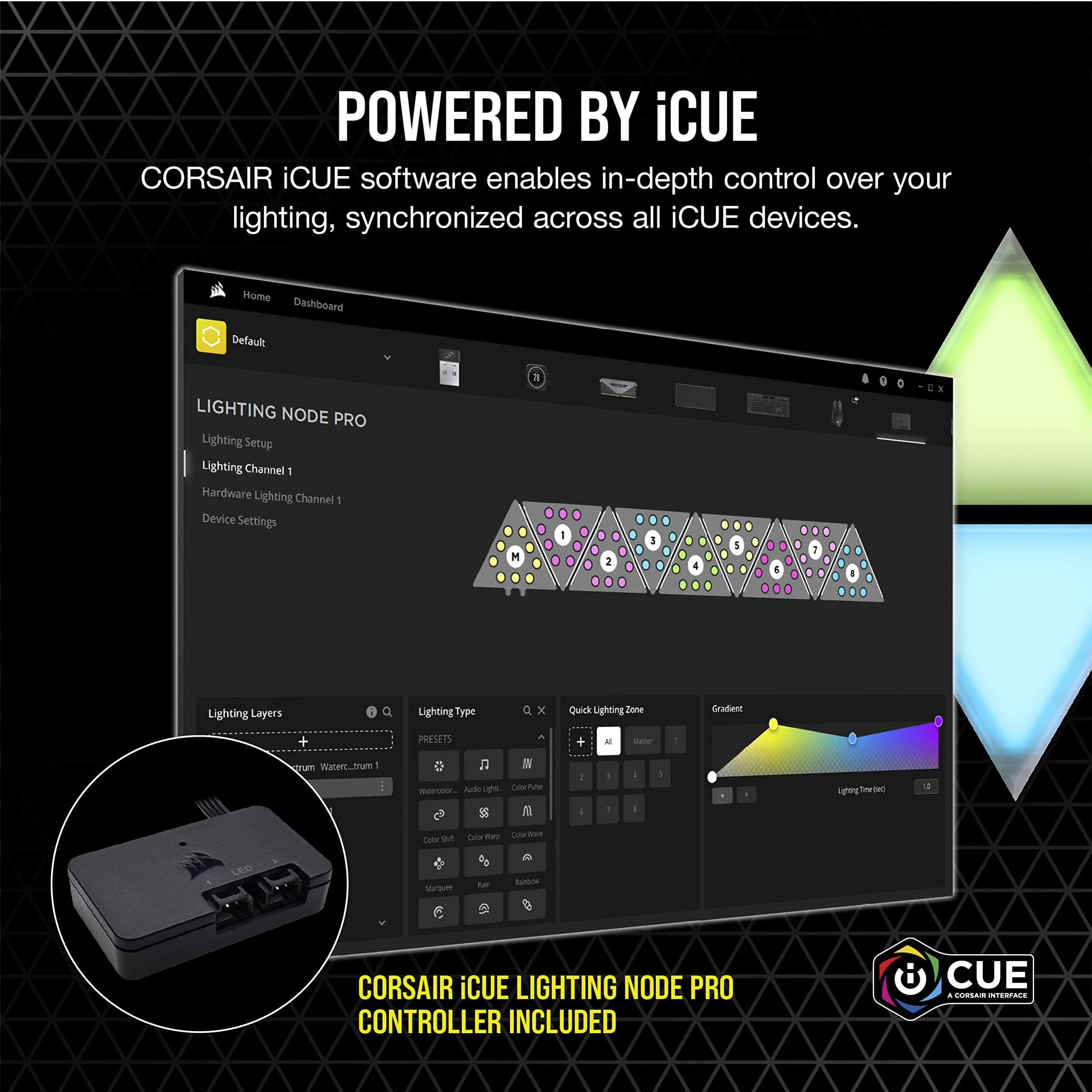 Corsair iCUE LC100 Case Accent Lighting Panels - Mini Triangle - 9X Tile Starter Kit (81 RGB LEDs with Light Diffusion, Simple Magnetic Attachment, iCUE Lighting Node PRO Included) - Image 6