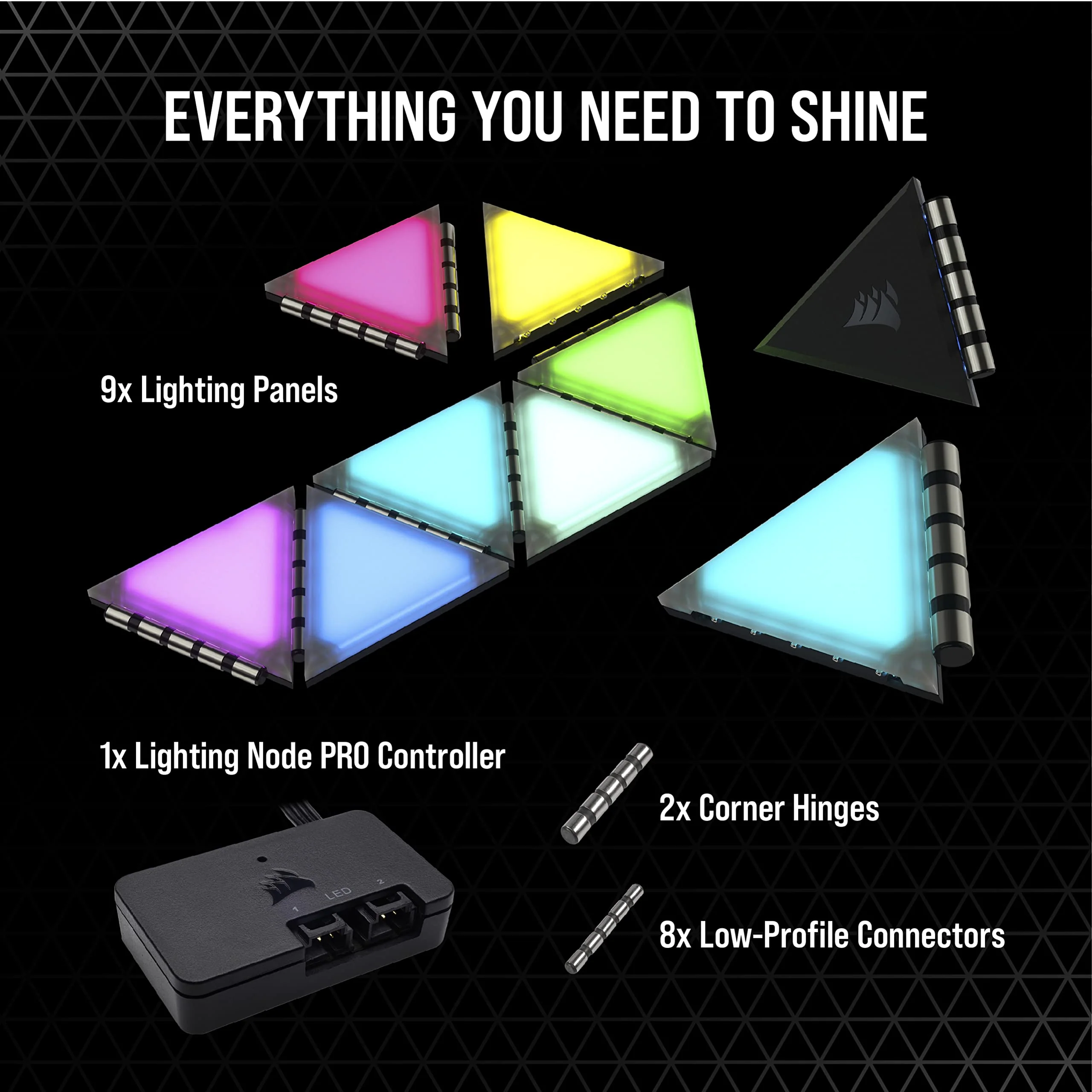 Corsair iCUE LC100 Case Accent Lighting Panels - Mini Triangle - 9X Tile Starter Kit (81 RGB LEDs with Light Diffusion, Simple Magnetic Attachment, iCUE Lighting Node PRO Included) - Image 8