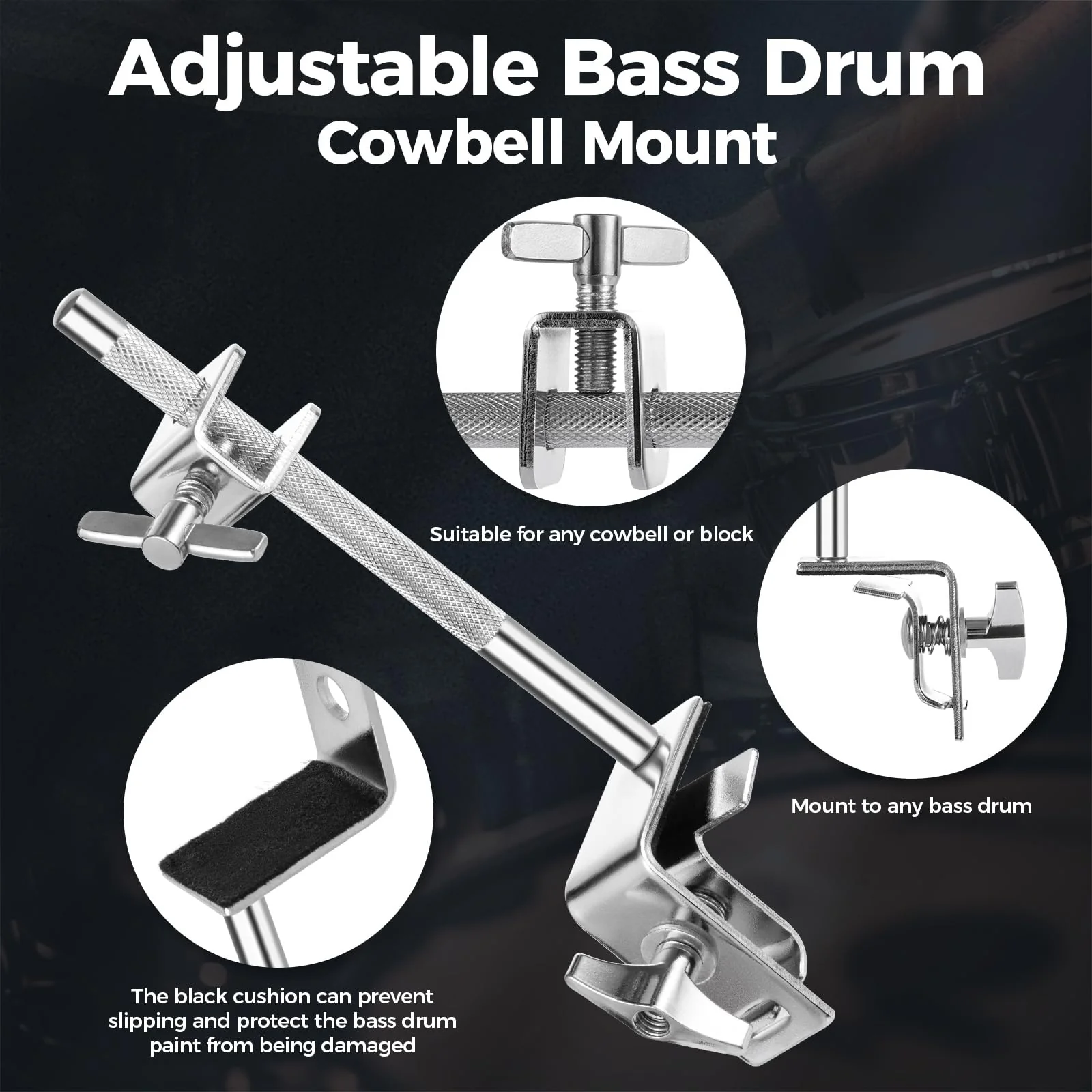 Cowbell Clamp for Bass Drum Hoop Mounting,Cowbell Mount with Parallel Action Jaws for Drummers - Drum Cowbell Holder Percussion Accessory for Versatile Sound - Image 3