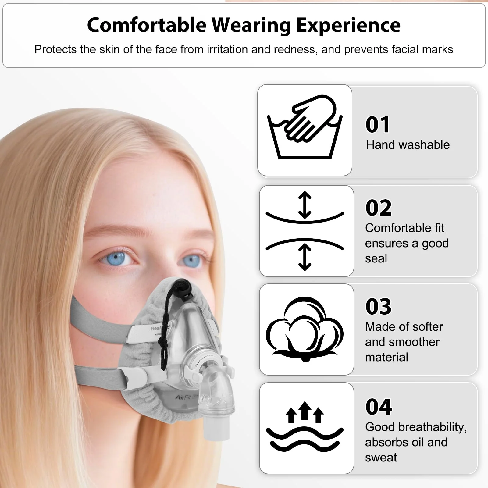 CPAP Mask Liner Compatible with ResMed AirFit and AirTouch F20 F10, Soft Masks Cushion Covers Suitable for a Variety of Noses, Mouth Masks and Most Full Masks, Reusable (Light Grey) lightgrey - Image 3