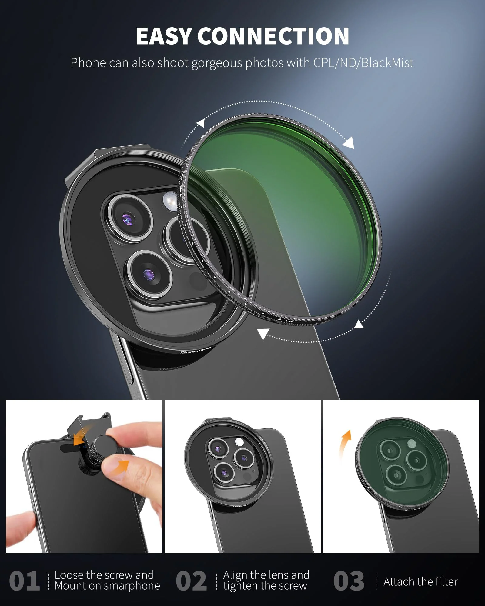 CPL Filter for Phone, 72mm Camera Polarized Lens Polarizing Filter with Metal Cold Shoe Phone Clip Compatible with iPhone 15 14 13 12 11 X XS PLUS PRO Max Samsung Galaxy Motorola Pixel - Image 5
