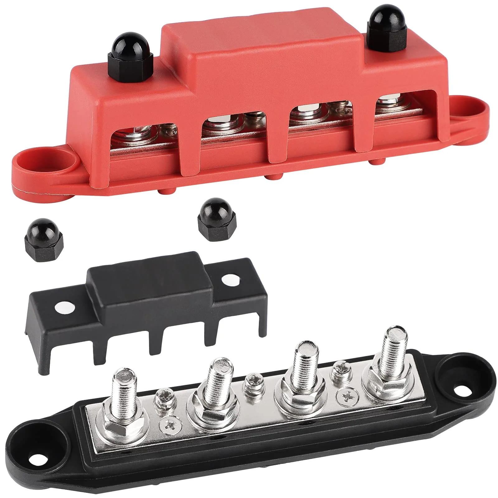 CPROSP 2-Piece Collecting Rail with Lid 250 A, Power Distribution Rail with 4 x M8 Bolt Connection, Battery Connection Block 5/16 Inches, BusBar Box for Car, RV, Boat, Yacht 250A--4*M8