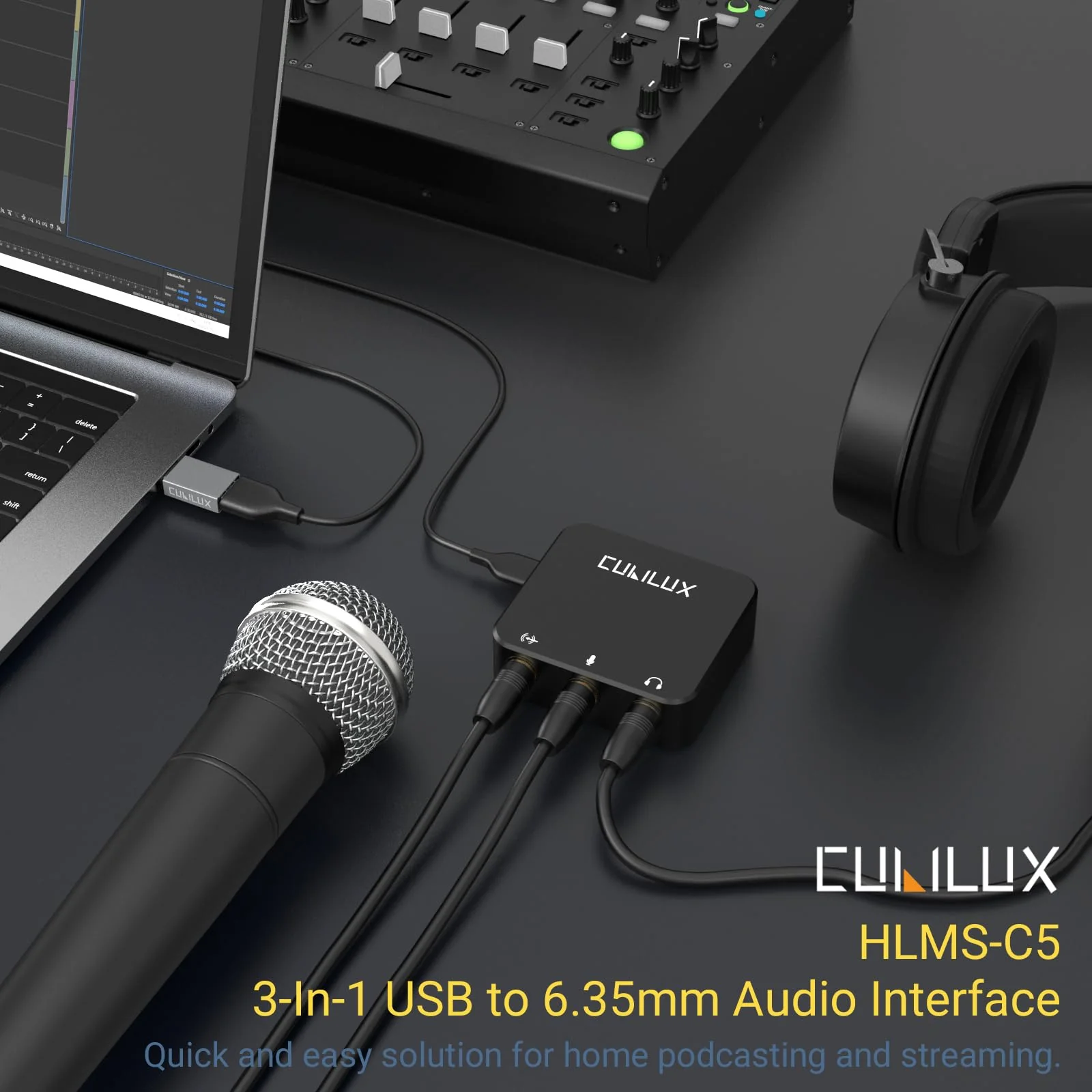 Cubilux HLMS-C5 USB to 6.35mm Audio Audio Adapter for Recording, Podcasting Live Streaming, USB A to 1/4-Inch AUX HUB with Mono Microphone Input, Stereo Line-In and Headphone Out - Image 2