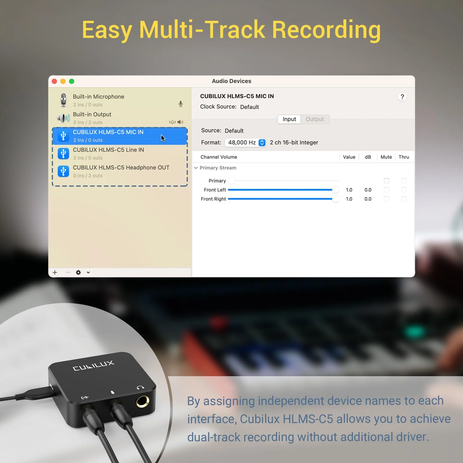 Cubilux HLMS-C5 USB to 6.35mm Audio Audio Adapter for Recording, Podcasting Live Streaming, USB A to 1/4-Inch AUX HUB with Mono Microphone Input, Stereo Line-In and Headphone Out - Image 3