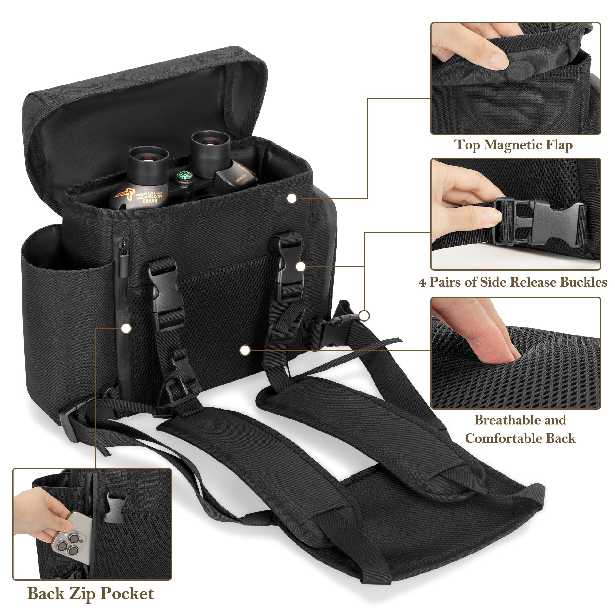 CURMIO Binocular Harness Chest Pack, Binos Case with Adjustable Strap for Bird Watching, Hiking and Shooting, Black(Bag Only) - Image 2