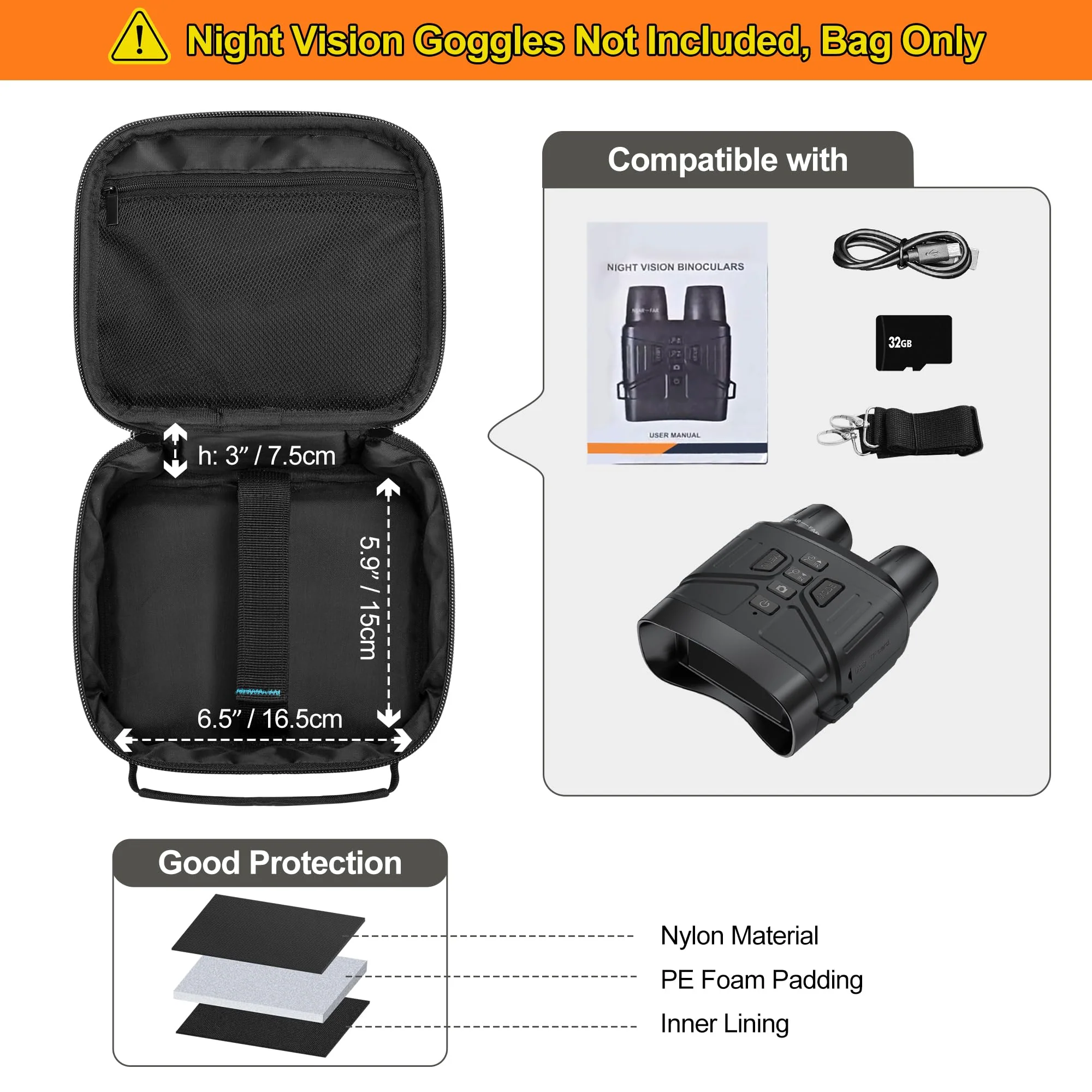 CURMIO Night Vision Goggles Carrying Case, Storage Bag for Tactical Night Vision Binoculars, SD Card and Data Cables, Black (Bag Only) - Image 3