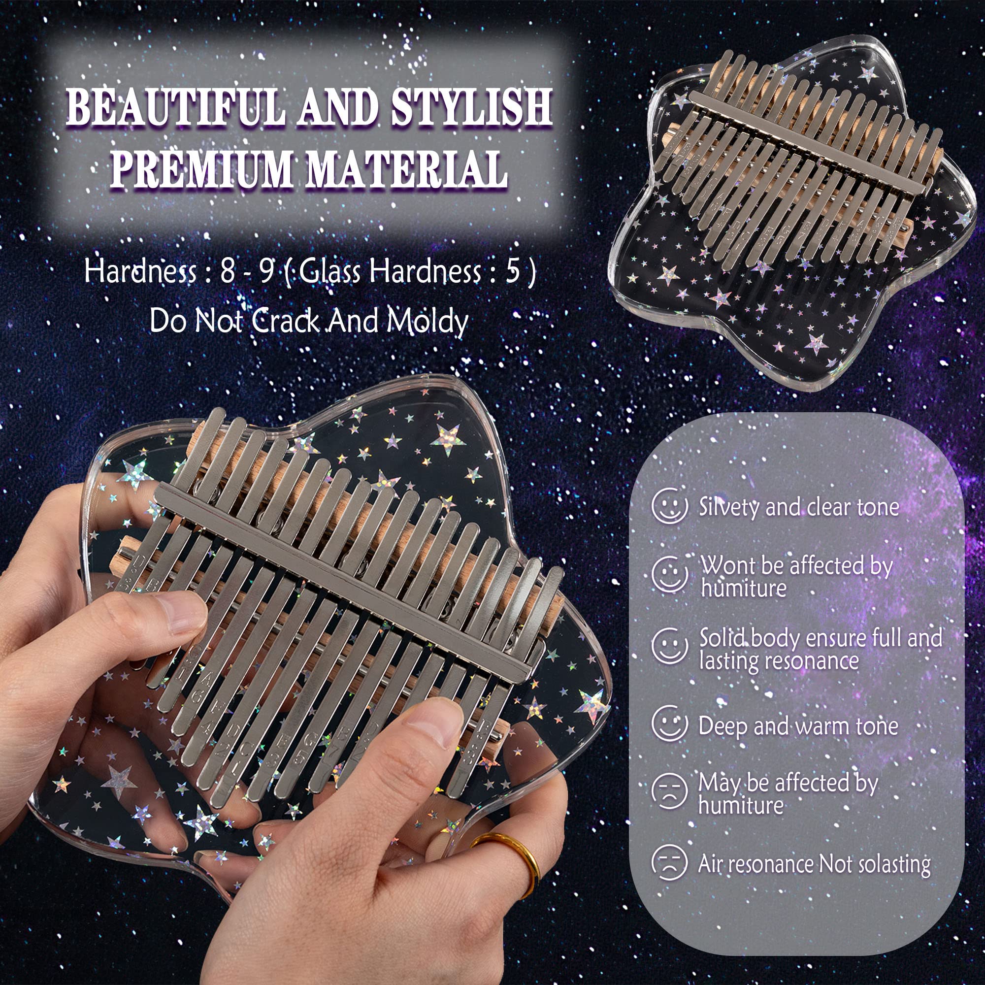 Cute Kalimba Thumb Piano 17 Keys-Star Crystal Acrylic Finger Piano-Portable Mbira Musical Instruments Cute Christmas Gift with Tune Hammer and Study Instruction for Adults Beginners Star - Image 2