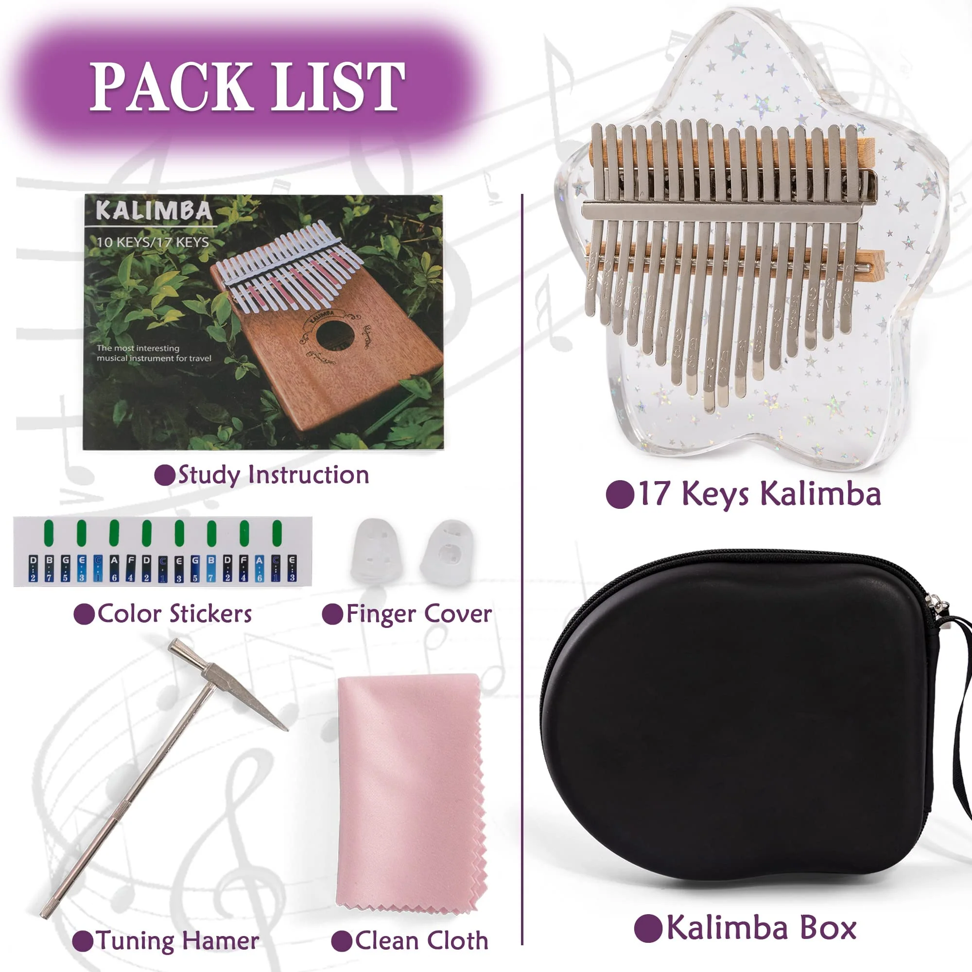 Cute Kalimba Thumb Piano 17 Keys-Star Crystal Acrylic Finger Piano-Portable Mbira Musical Instruments Cute Christmas Gift with Tune Hammer and Study Instruction for Adults Beginners Star - Image 6