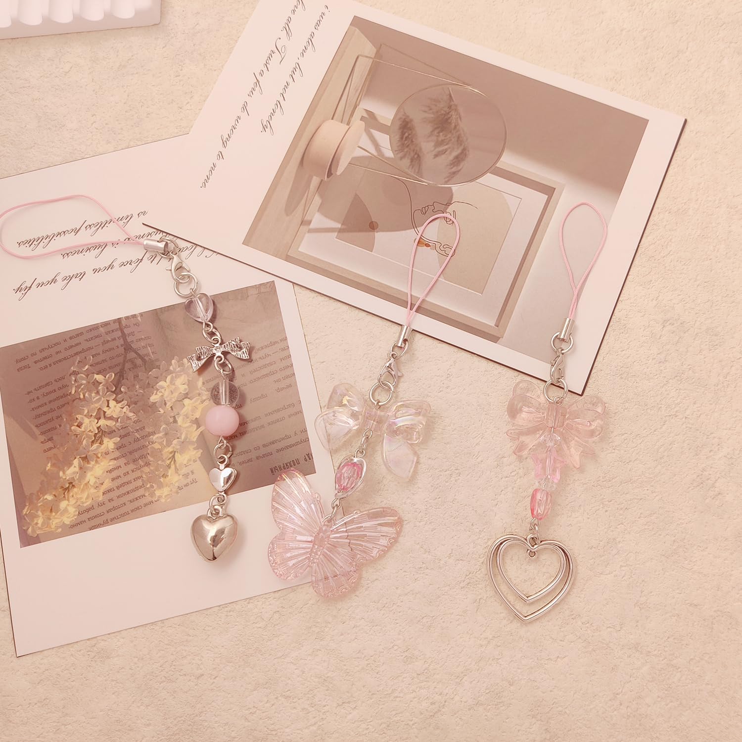 Cute Y2K Phone Charm Aesthetic Phone Charms Accessories Cute Phone Lanyard String for Bag Purse Backpack Airpods Pendants Decor 3x Pink Butterfly Heart - Image 3