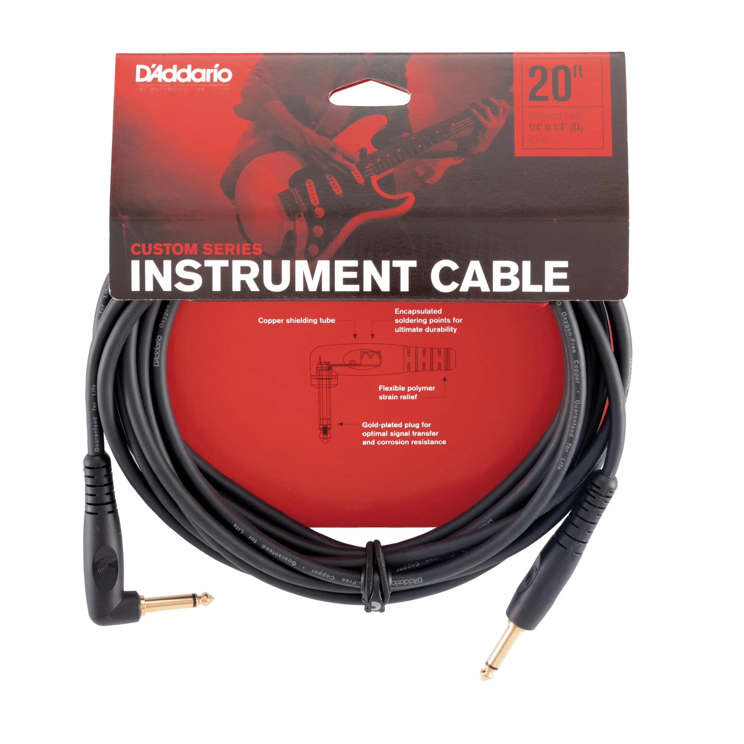 D’Addario Accessories Custom Series Guitar Cables - Instrument Cable with ¼ Inch Ends - High Performance Guitar Cord - For Guitars, Bass, Keyboards - Mono - Right Angle, 20 feet