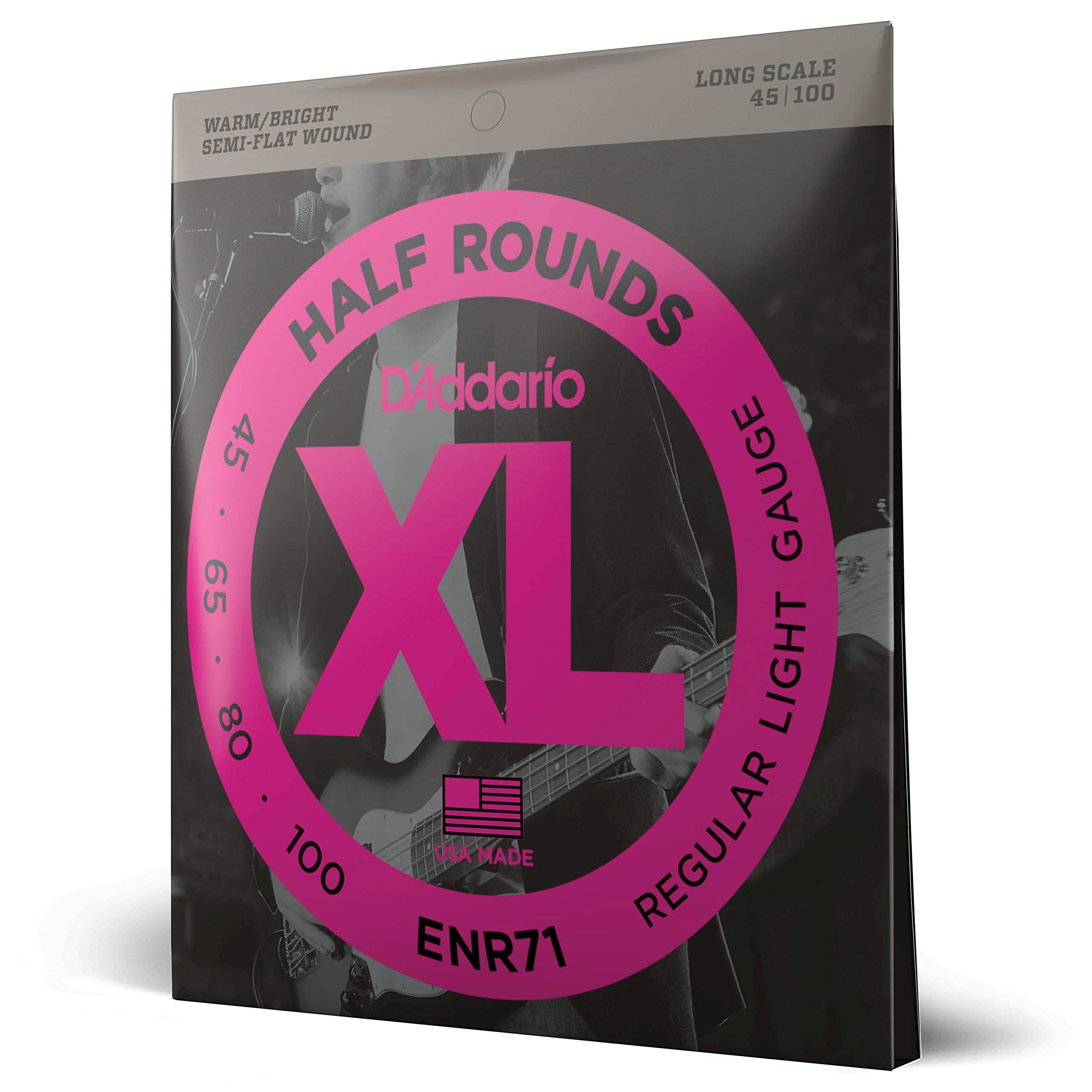 D'Addario Bass Guitar Strings, XL Nickel Half Rounds, ENR71, Long Scale, Regular Light Gauge 45-100, 4-String Set, Pack of 1 Light, 45-100