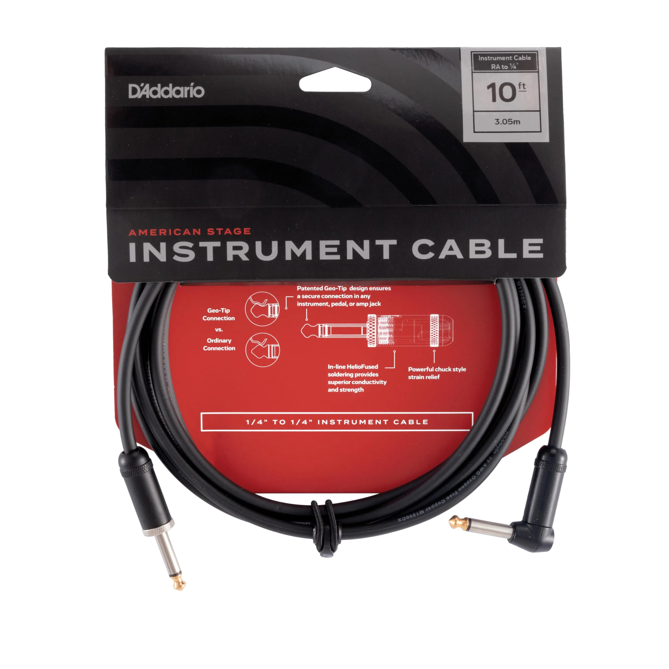 D'Addario Guitar Cable - Guitar Lead - Geo Tip for Secure Connection - 10 Feet/3.05 Meters - Straight End/Right Angle - 1 Pack Straight to Right Angle