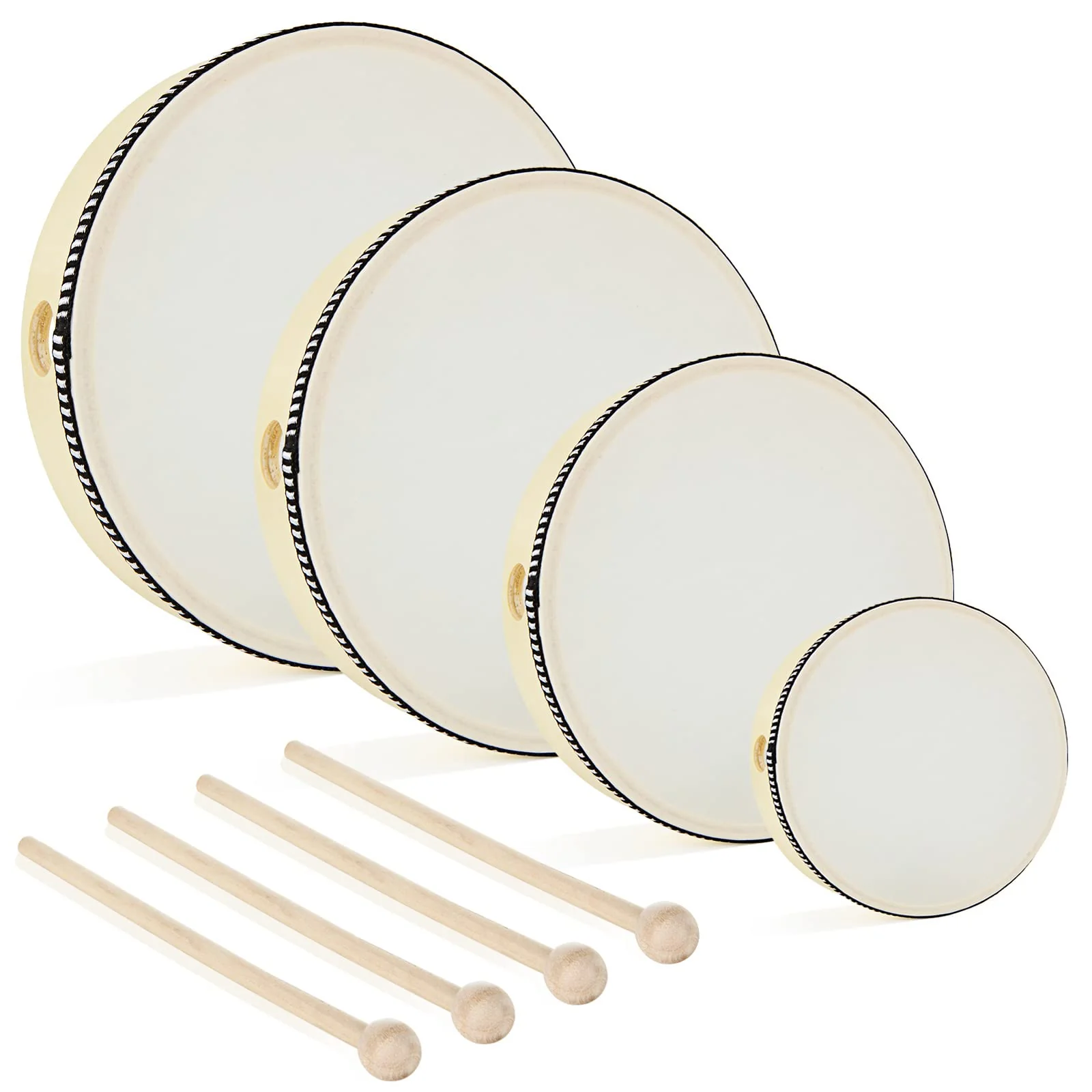 DAJAVE 4 Pack Hand Drums with Drum Stick 4Inch 6 Inch 8 Inch 10 Inch, Percussion Wood Frame Drum with 4 Sticks, Musical Instruments for Drums Beginners for Home School Party Supplies