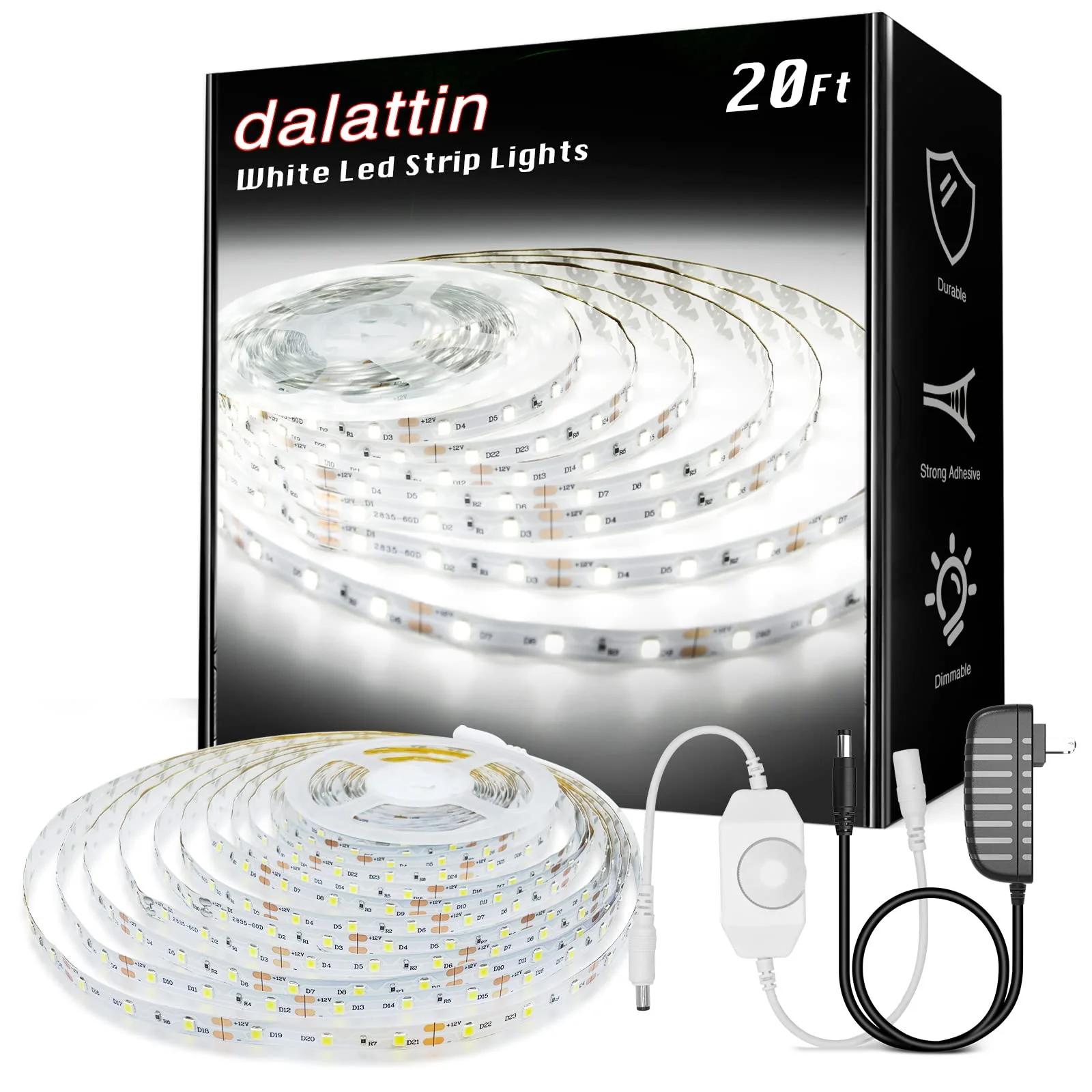 dalattin White LED Strip Lights, 20ft Dimmable Super Bright 24V Led Tape Light 6500K 360 LEDs Lights for Bedrooms, Mirror, Kitchen, Home Decoration Daylight White White 6500K