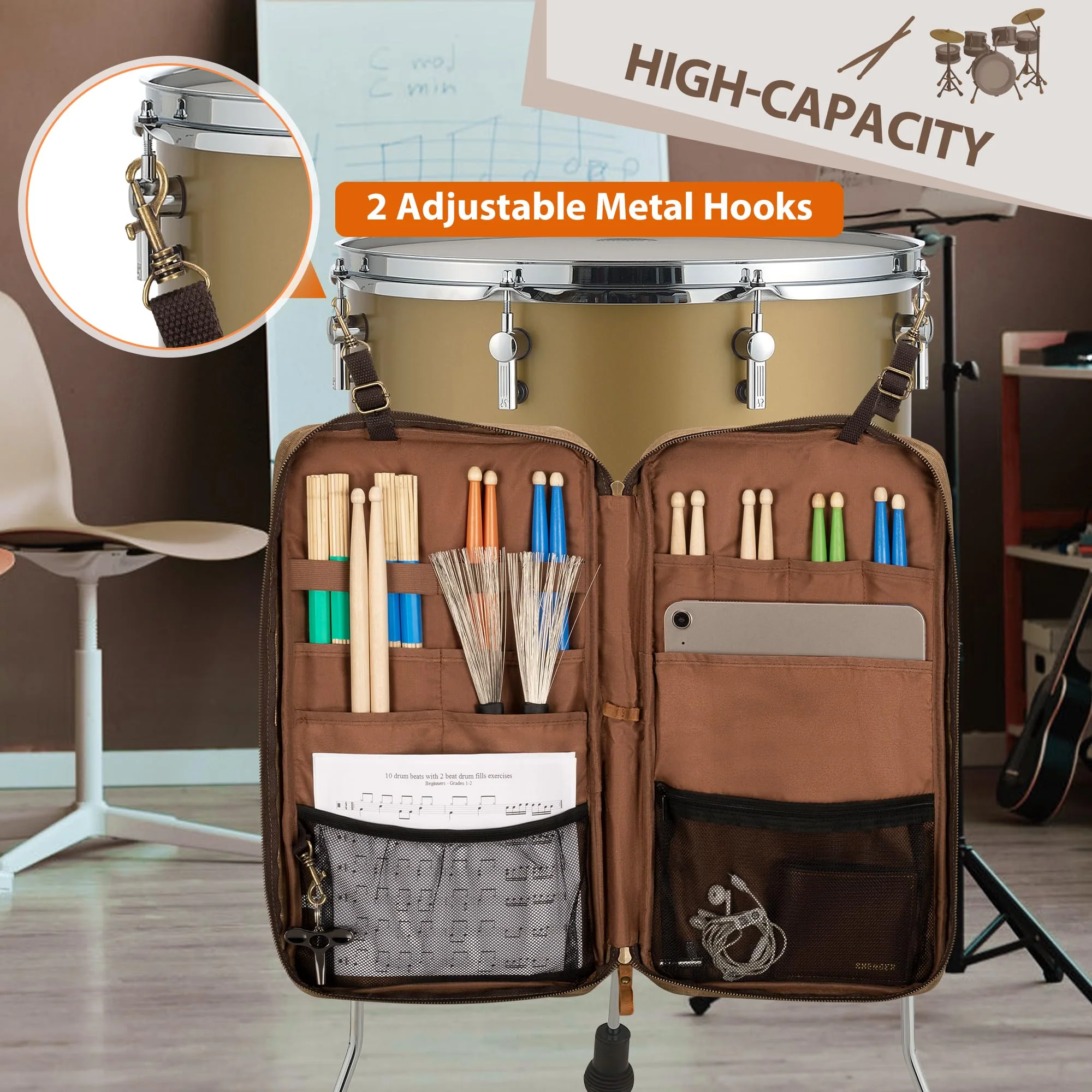 Damero Drum Stick Bag, Waxed Canvas Mallets Percussion Bag with Handles and Detachable Shoulder Strap, Stick Bag for Drumsticks and Mallets for Drummers, Beginners in Band, Gig - Image 4
