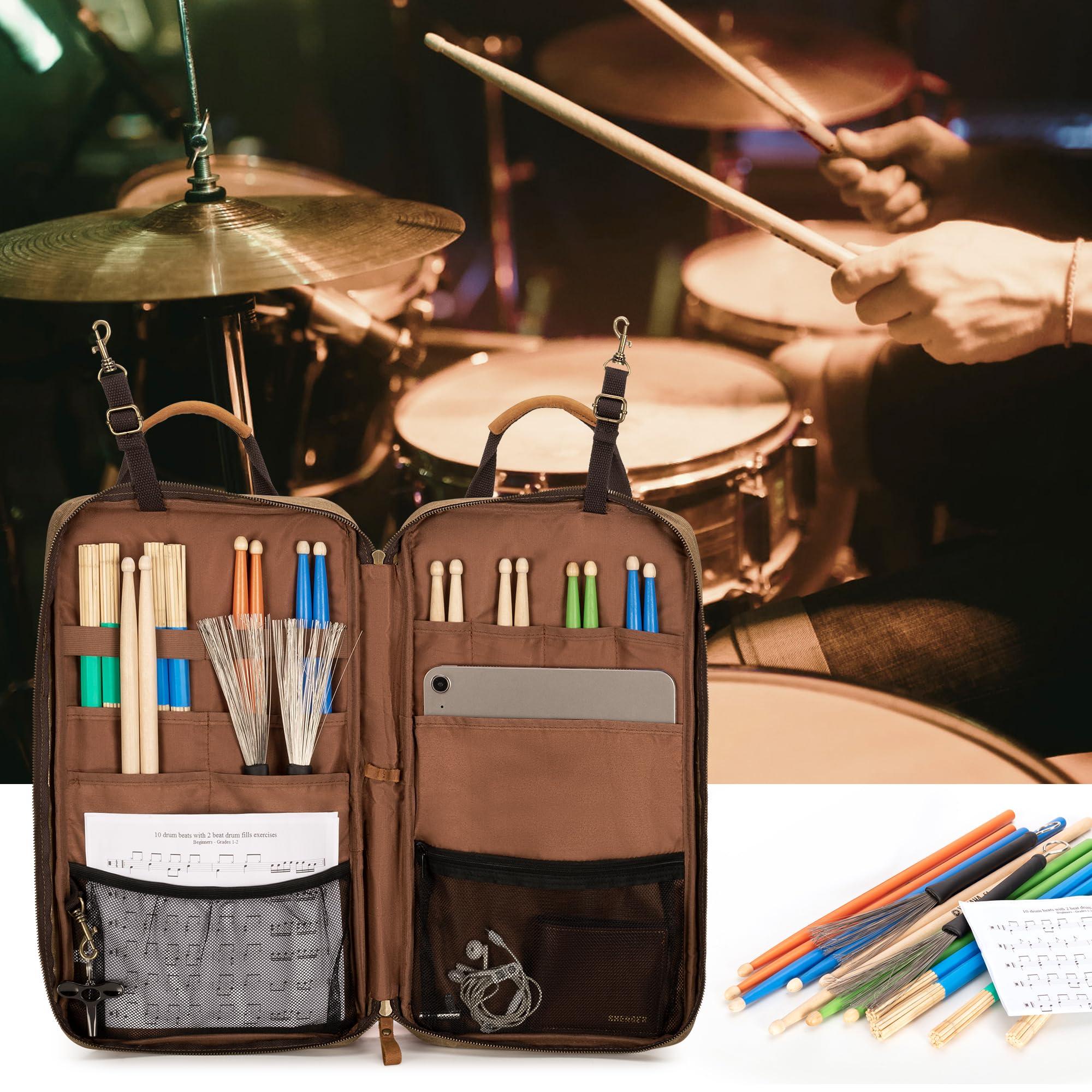 Damero Drum Stick Bag, Waxed Canvas Mallets Percussion Bag with Handles and Detachable Shoulder Strap, Stick Bag for Drumsticks and Mallets for Drummers, Beginners in Band, Gig - Image 8