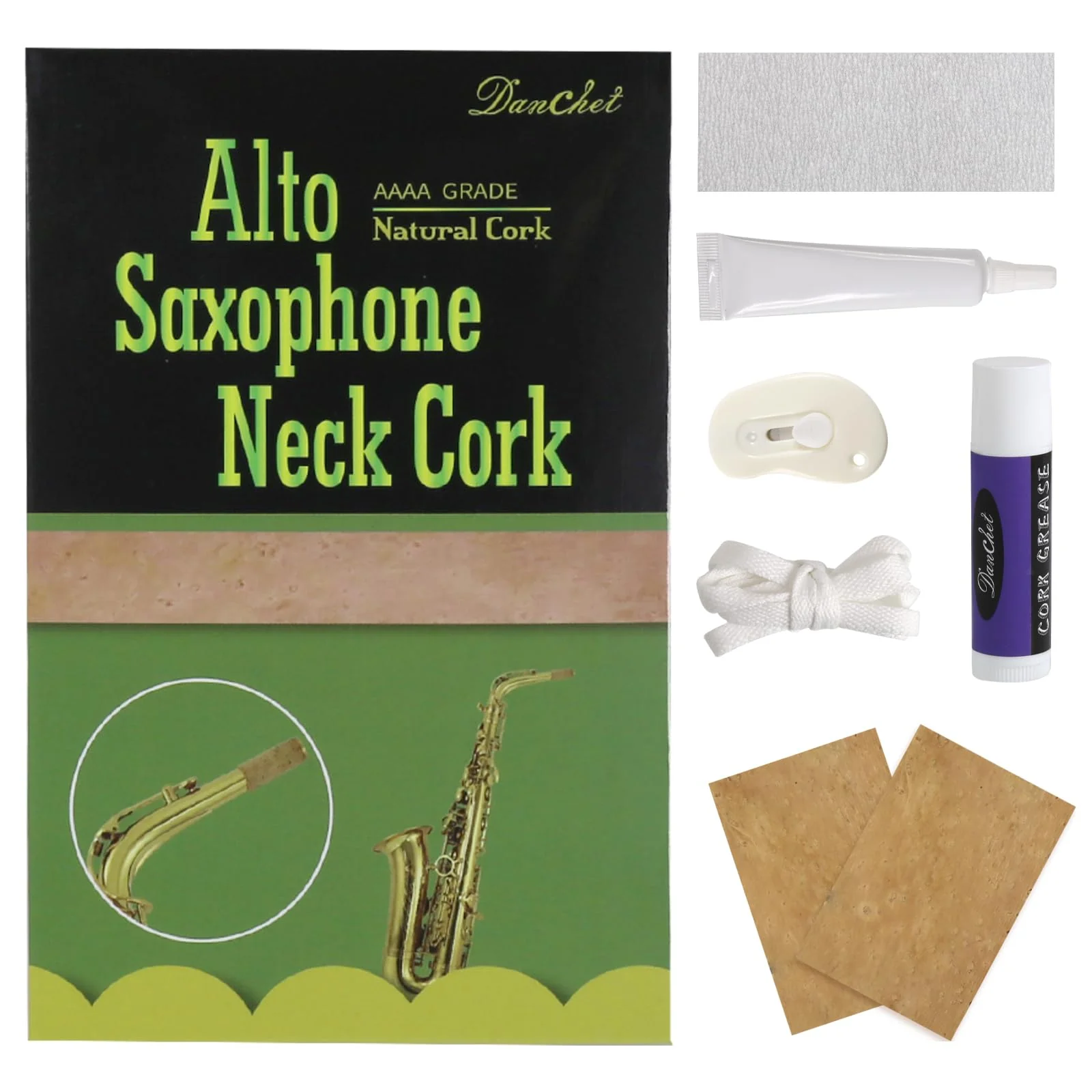 Danchet Alto Saxophone Accessories,Alto Sax Cork Replacement Kit,2 pcs Saxophone Cork, Glue, Cork Grease, Knife, Taping, and Sandpaper alto sax cork replacement kit