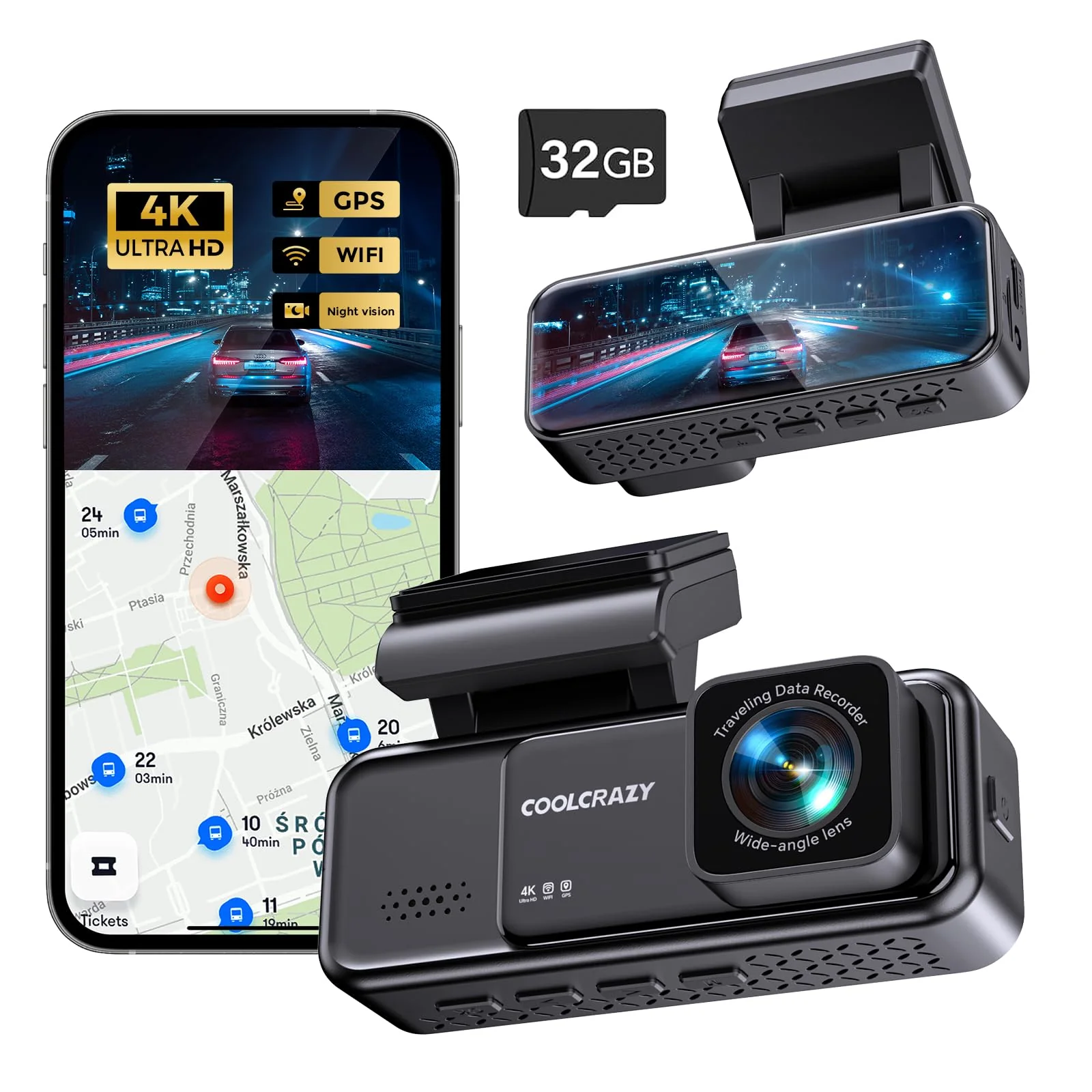 Dash Cam, COOLCRAZY 4K UHD Dash Camera for Cars Built-in GPS, 3.2" IPS Screen WiFi & App Dashcam, 24H Parking Mode, 170°Wide Angle Front Dashcams with 32G Card, WDR, Night Vision, G-Sensor