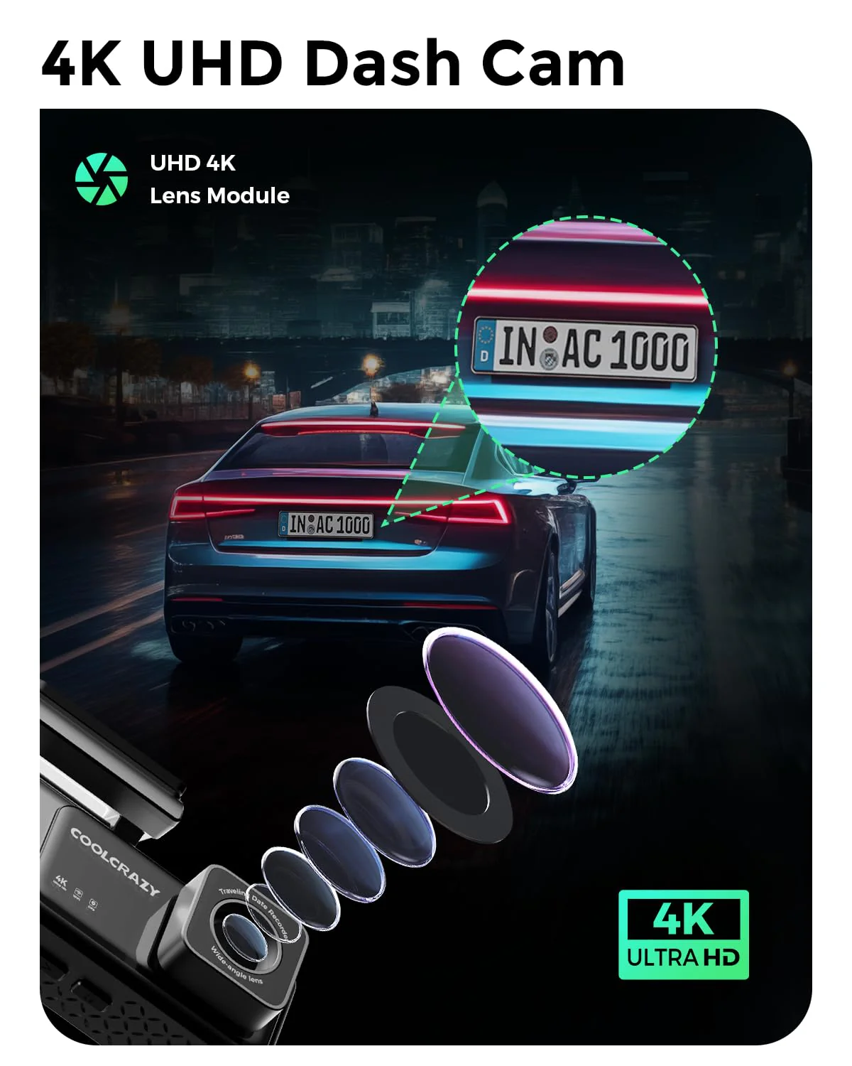 Dash Cam, COOLCRAZY 4K UHD Dash Camera for Cars Built-in GPS, 3.2" IPS Screen WiFi & App Dashcam, 24H Parking Mode, 170°Wide Angle Front Dashcams with 32G Card, WDR, Night Vision, G-Sensor - Image 2